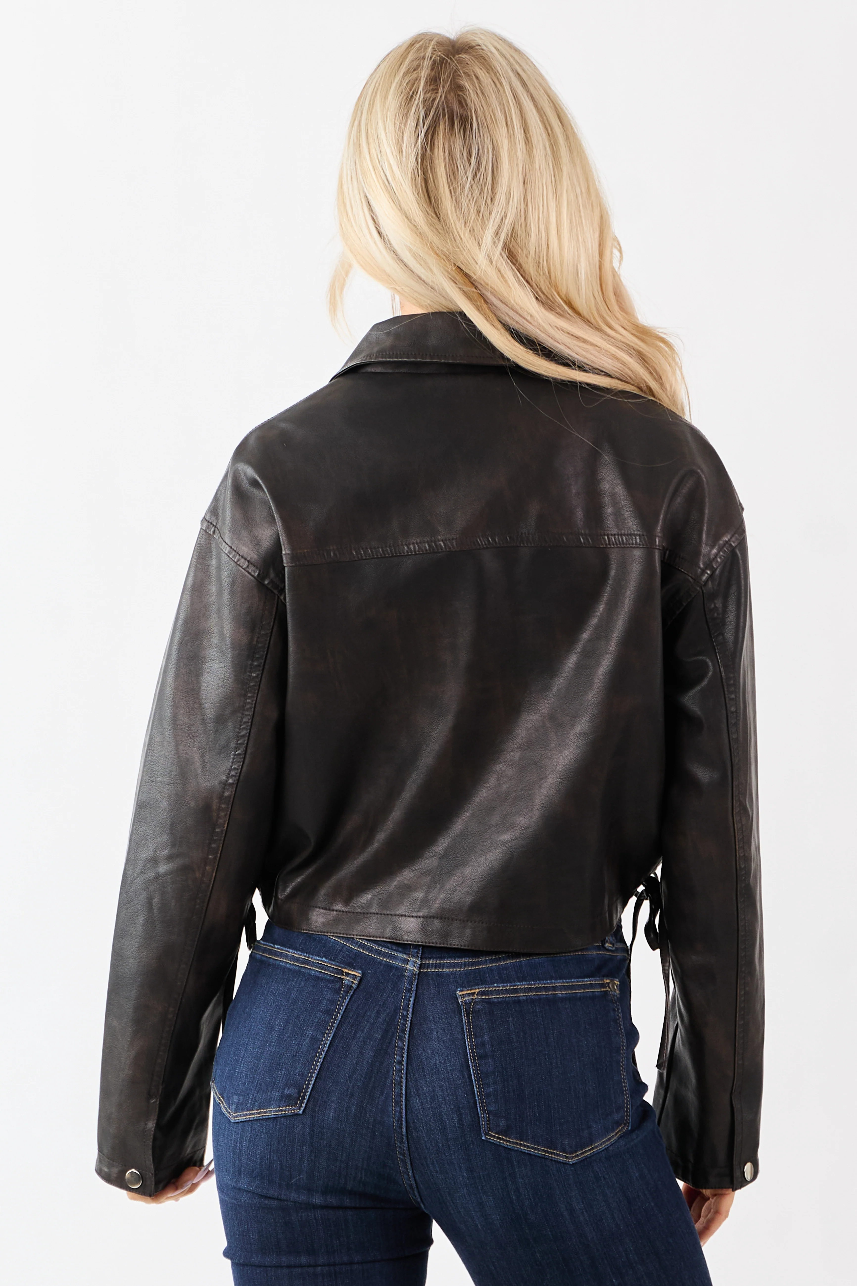 Cocoa Washed Faux Leather Zip Up Boxy Moto Jacket - Image 5