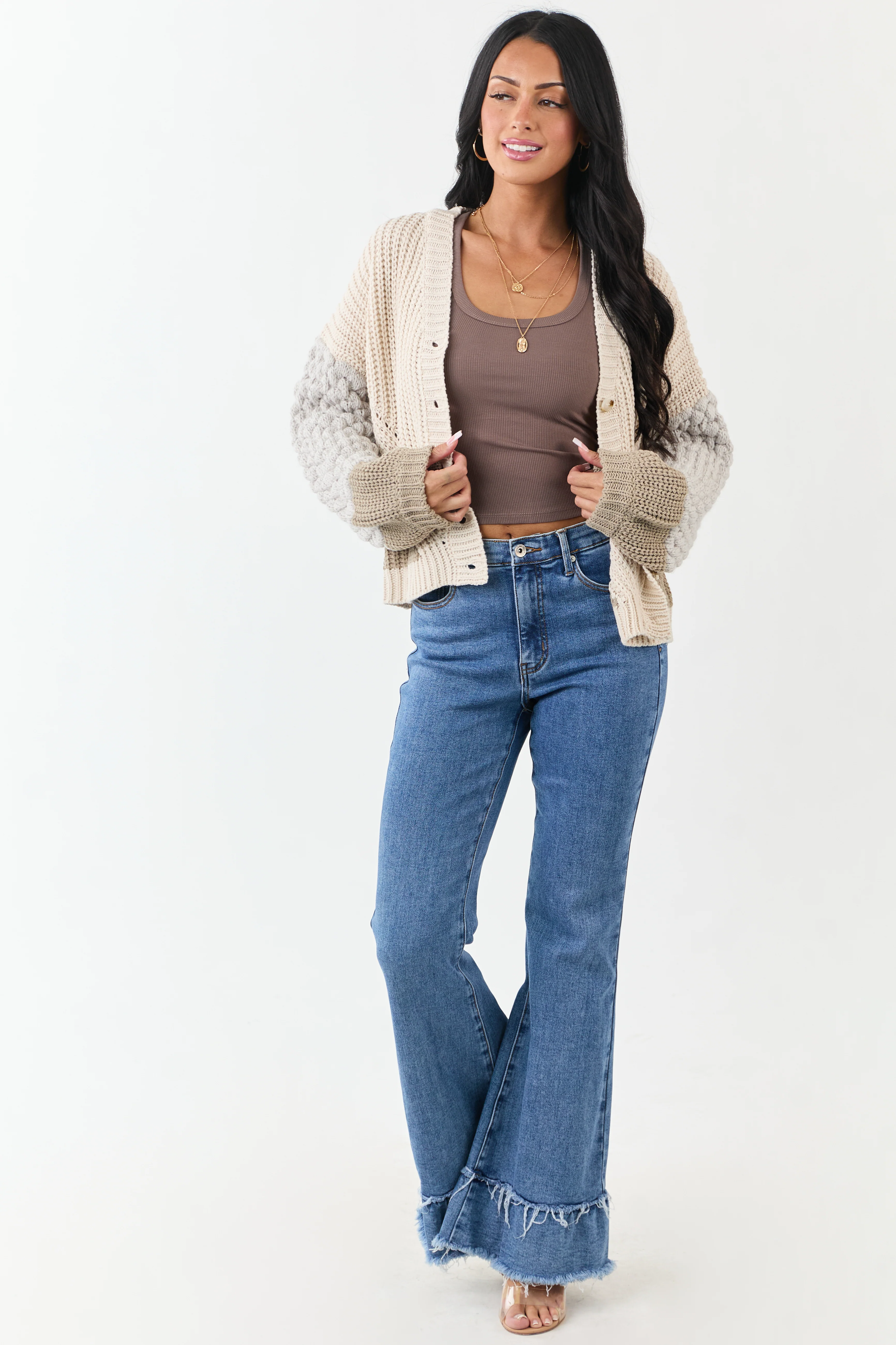 Coconut Colorblock Button Down Thick Knit Cardigan - Image 2