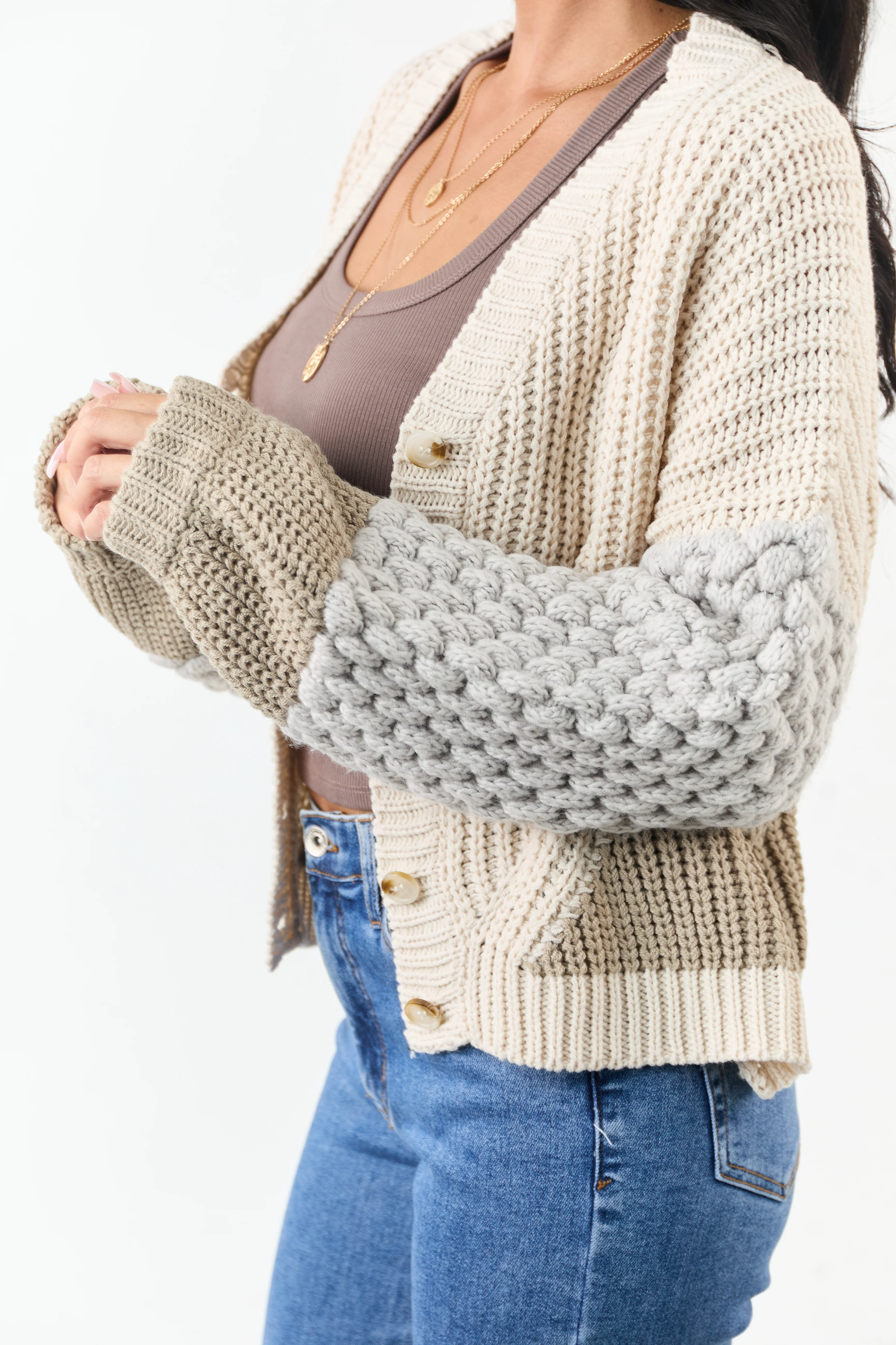 Coconut Colorblock Button Down Thick Knit Cardigan - Image 7