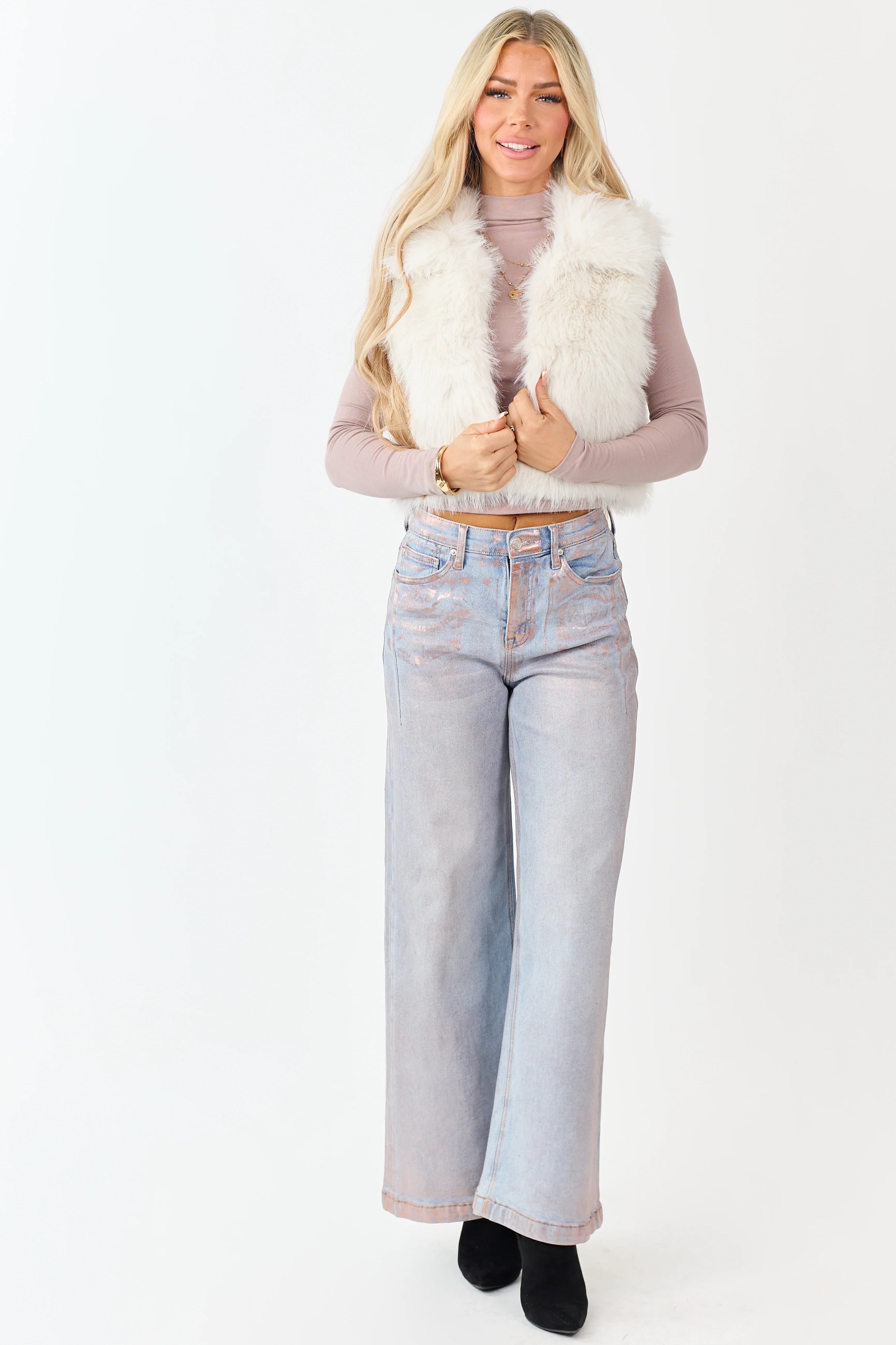 Coconut Faux Fur Cropped Collared Vest - Image 3