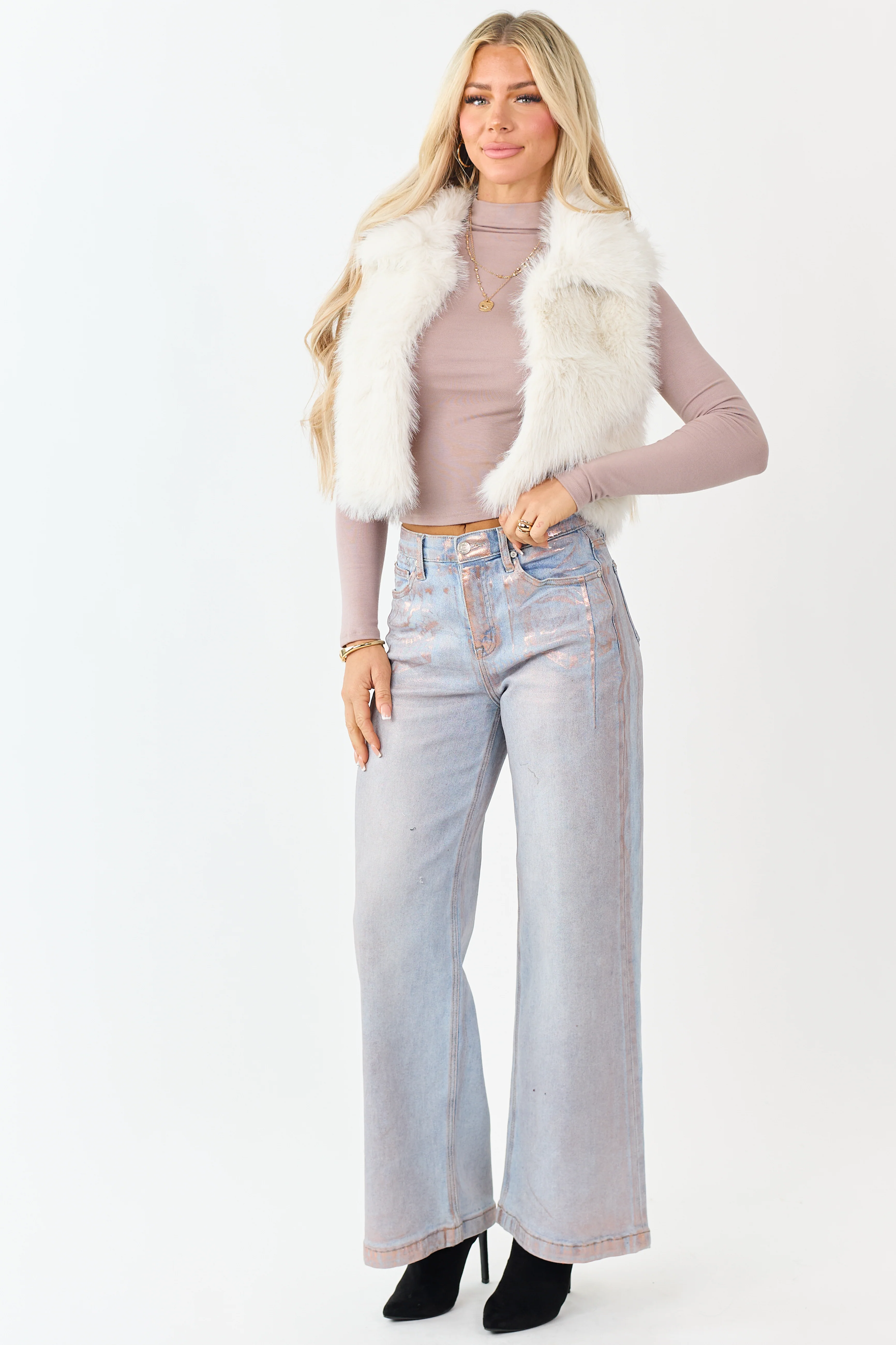 Coconut Faux Fur Cropped Collared Vest - Image 4