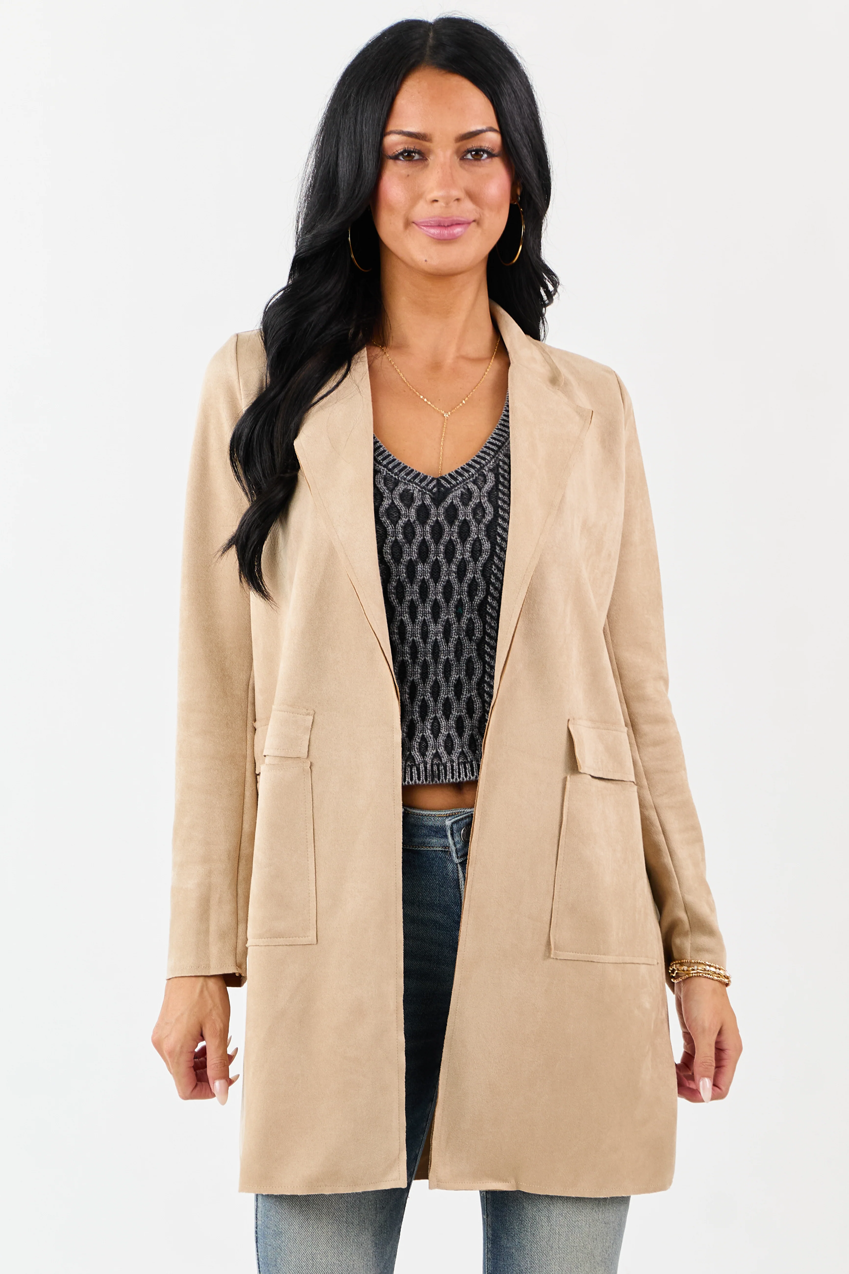 Coconut Faux Suede Open Front Jacket - Image 2