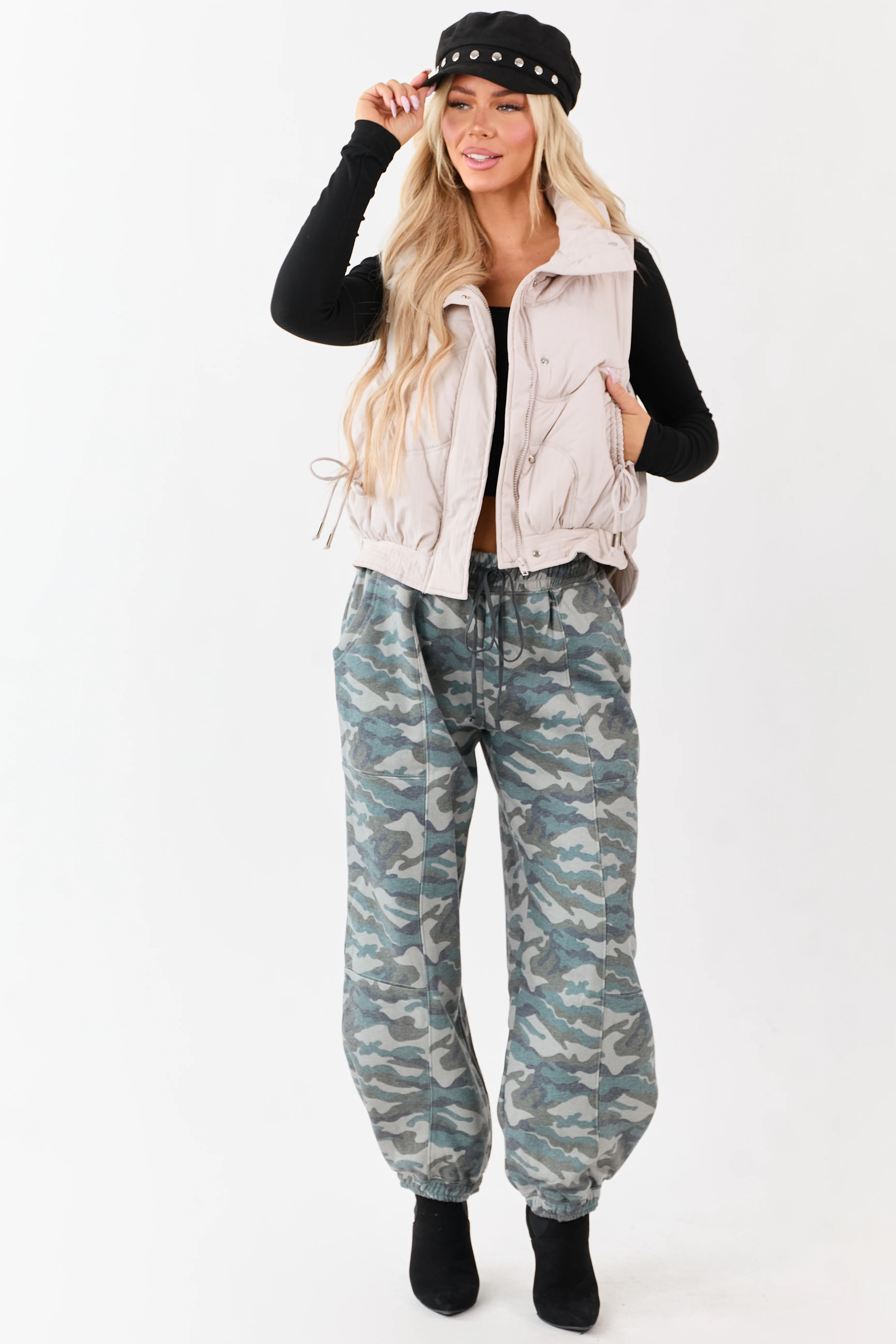 Coconut Mock Neck Hidden Zip Up Puffer Vest - Image 2