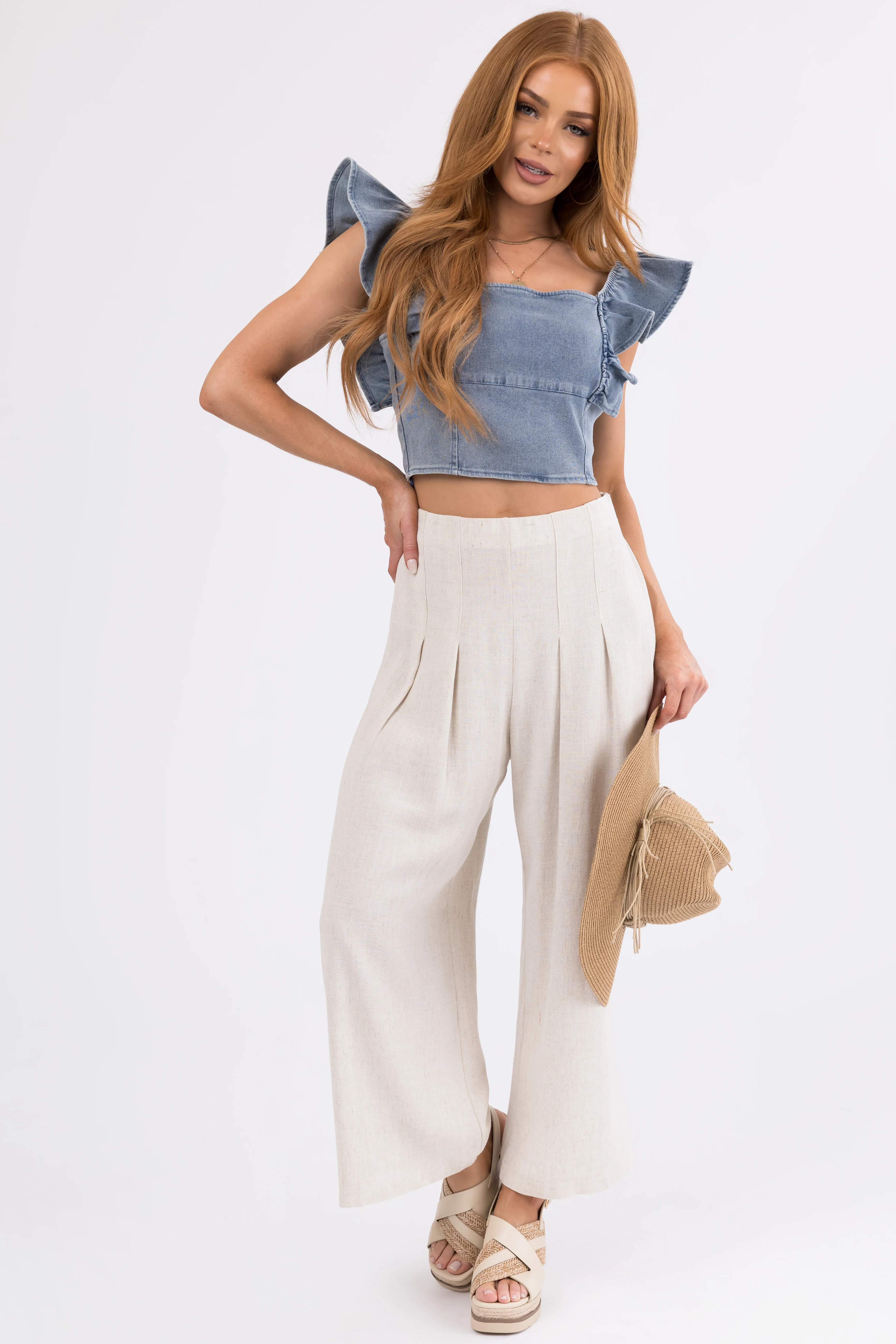 Coconut Pleated Cropped Palazzo Pants - Image 7