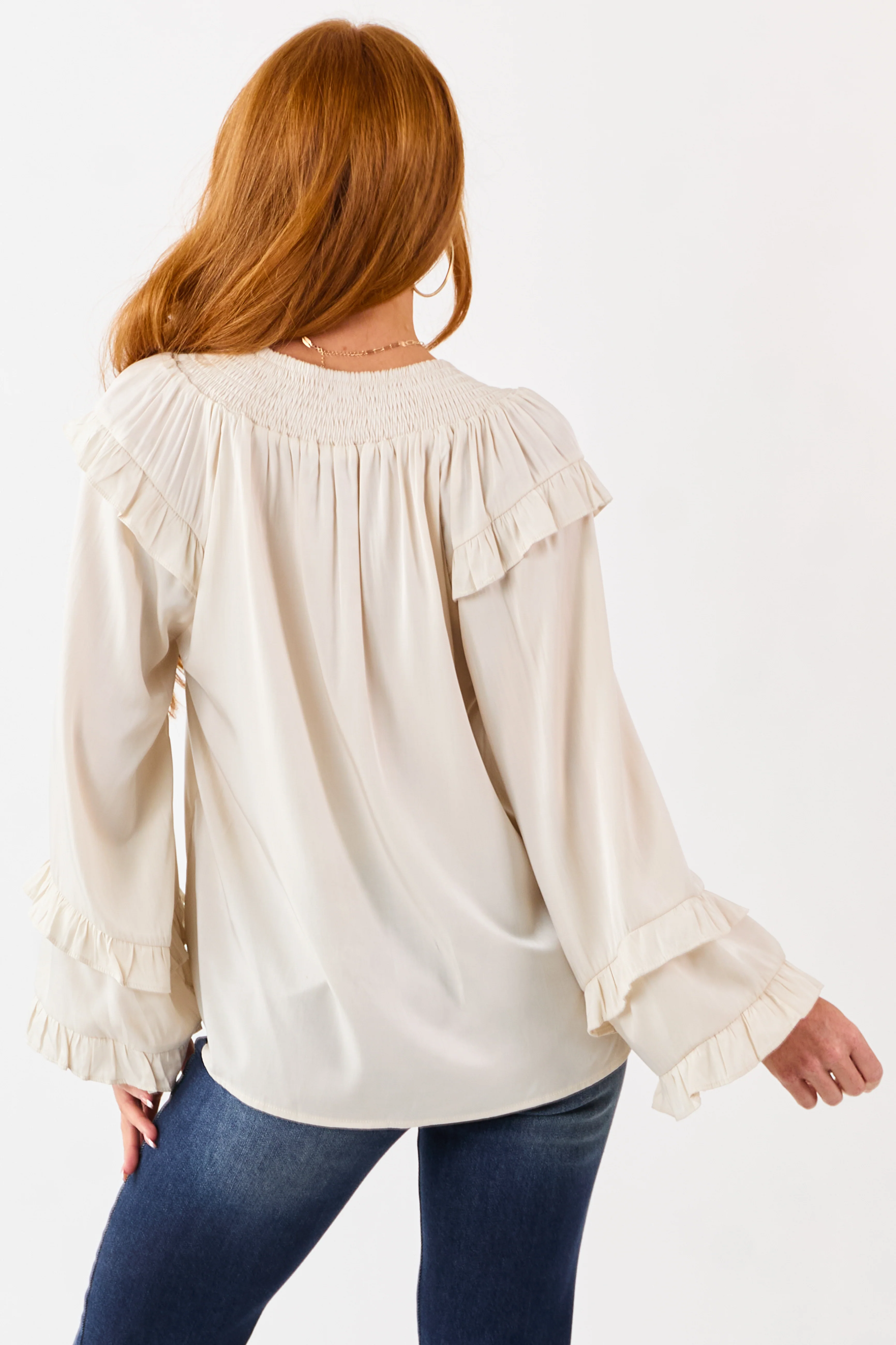 Coconut Smocked Neck Ruffle Accent Long Sleeve Top - Image 6