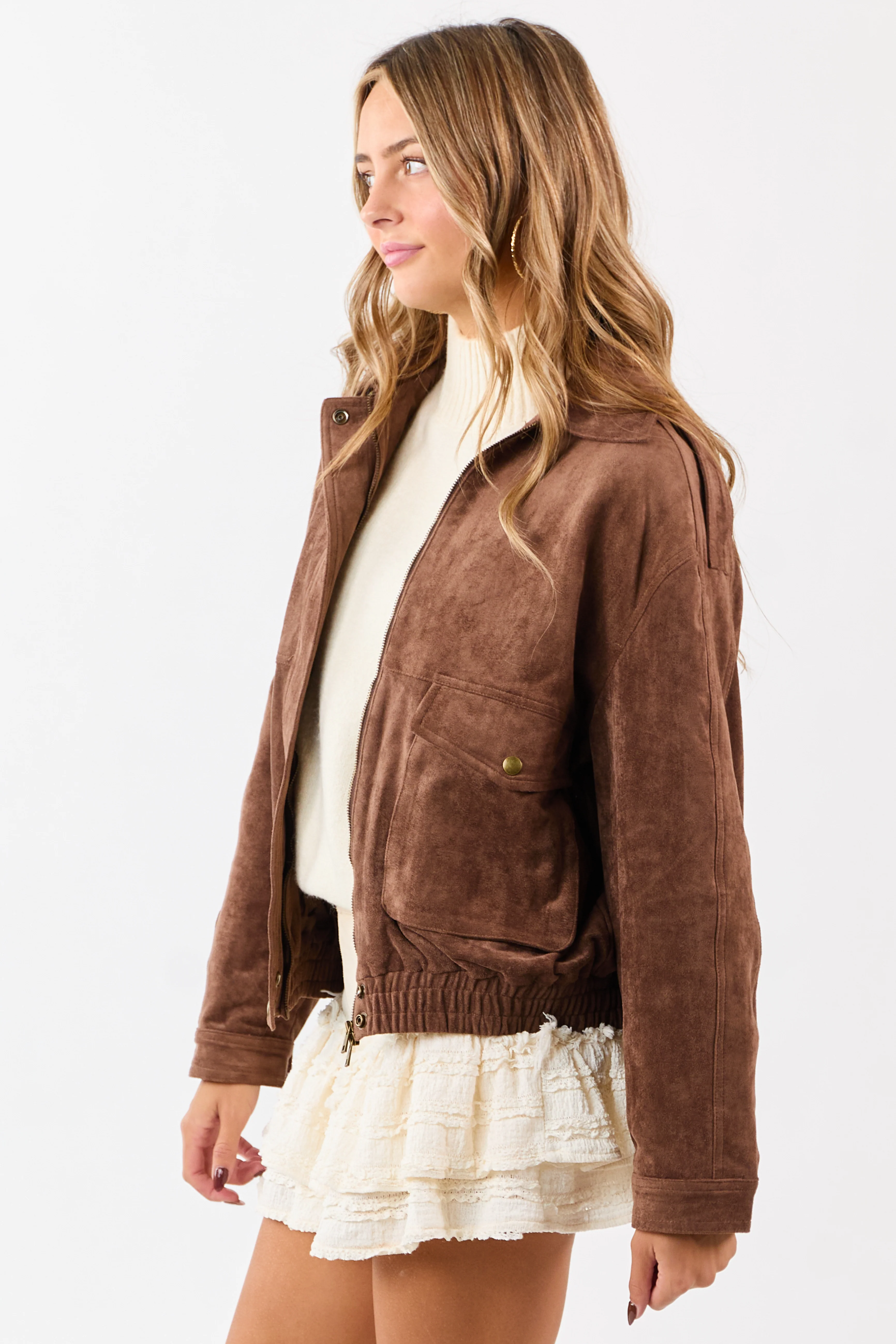 Coffee Faux Suede Bomber Style Zip Up Jacket - Image 4