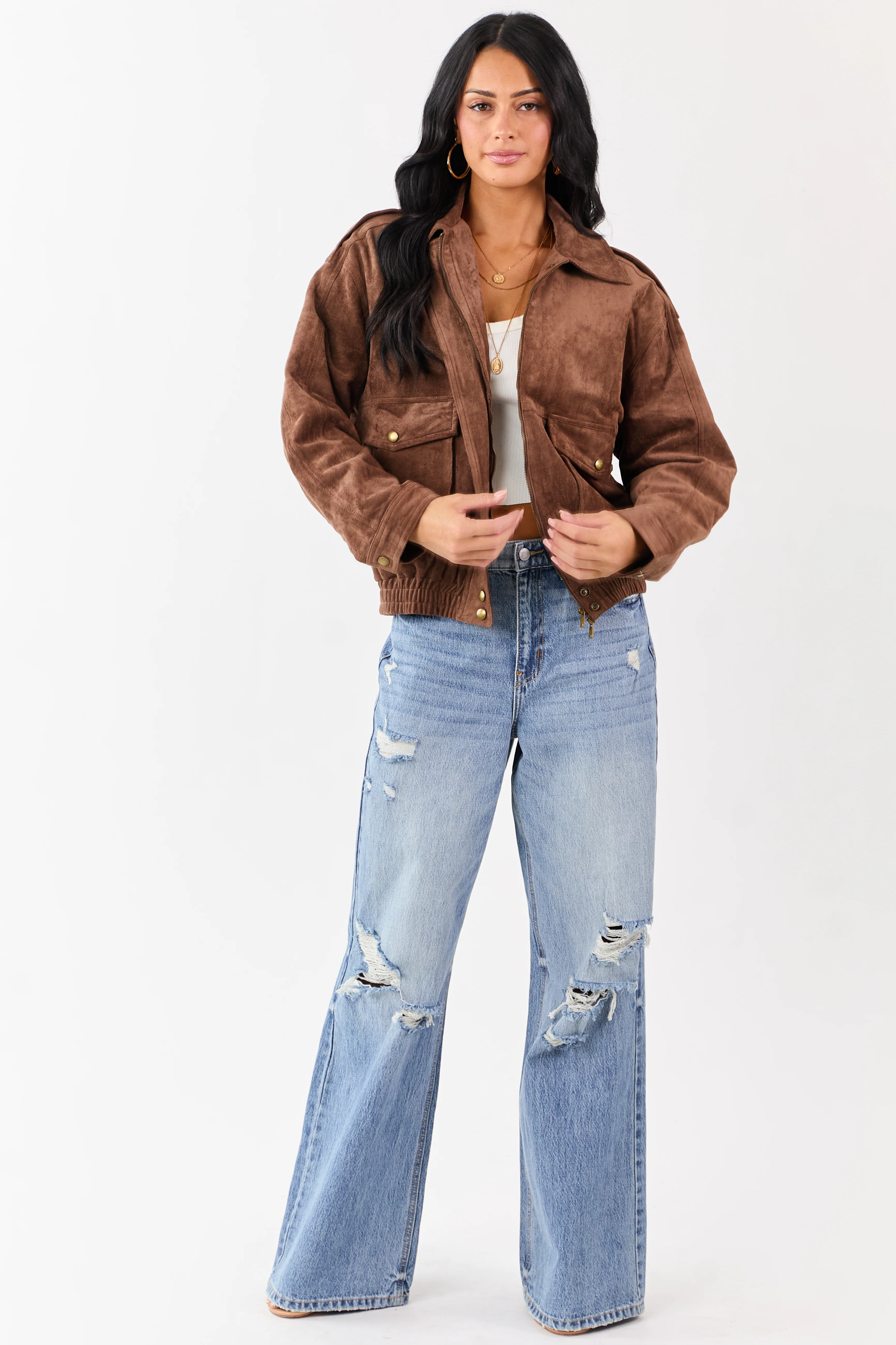 Coffee Faux Suede Bomber Style Zip Up Jacket - Image 7