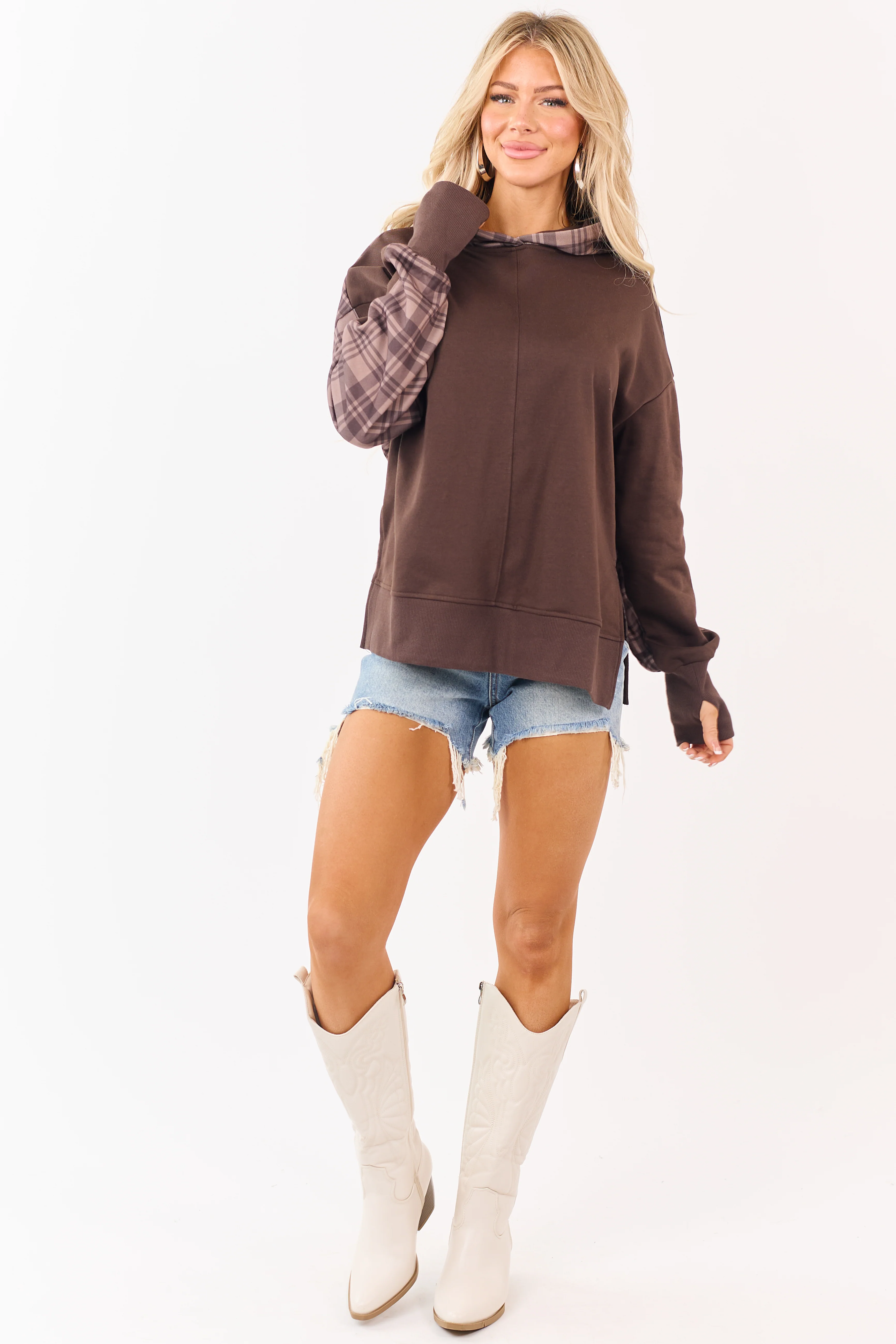 Coffee Patchwork Plaid Sweatshirt Hoodie - Image 2