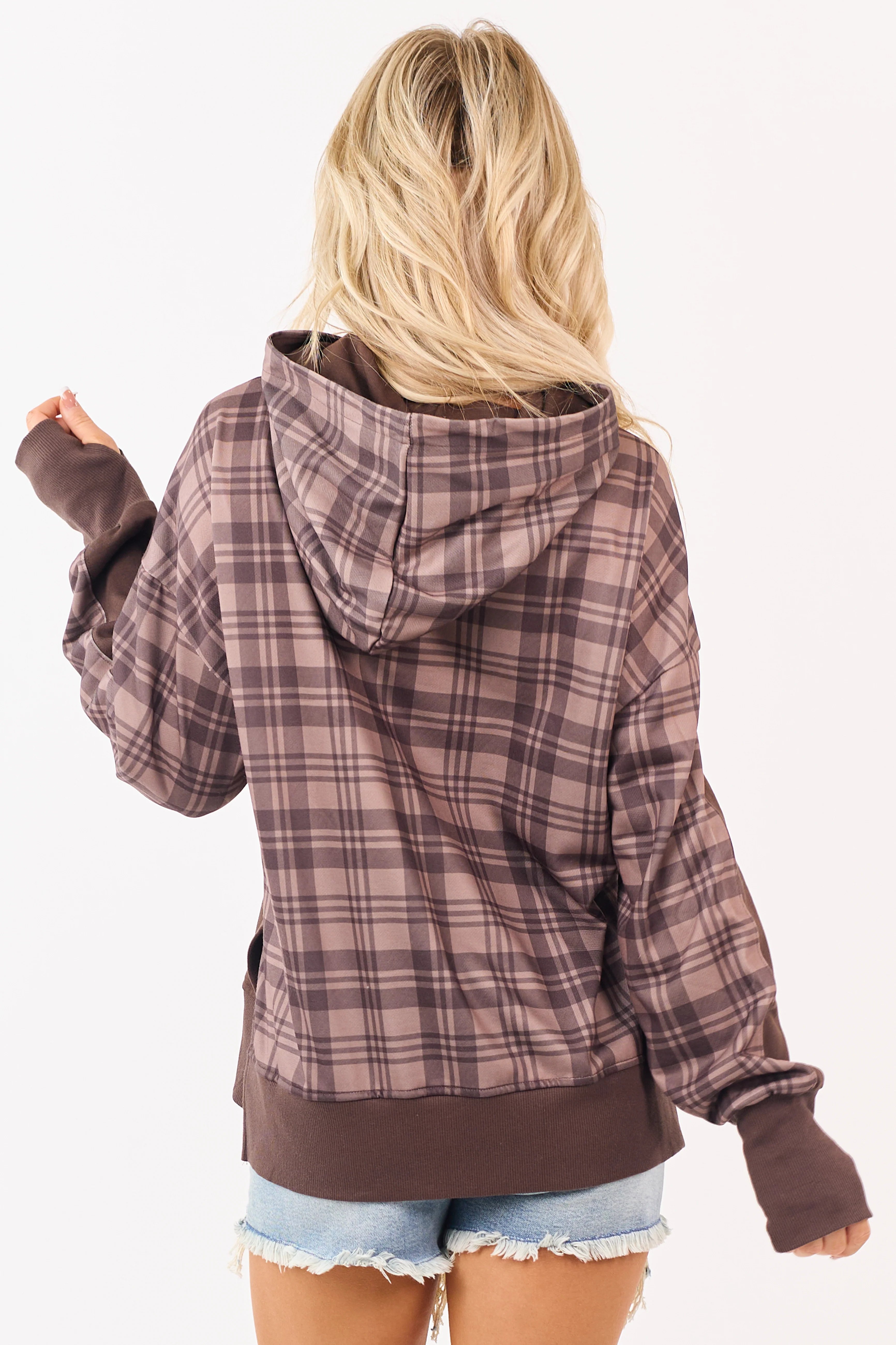 Coffee Patchwork Plaid Sweatshirt Hoodie - Image 6