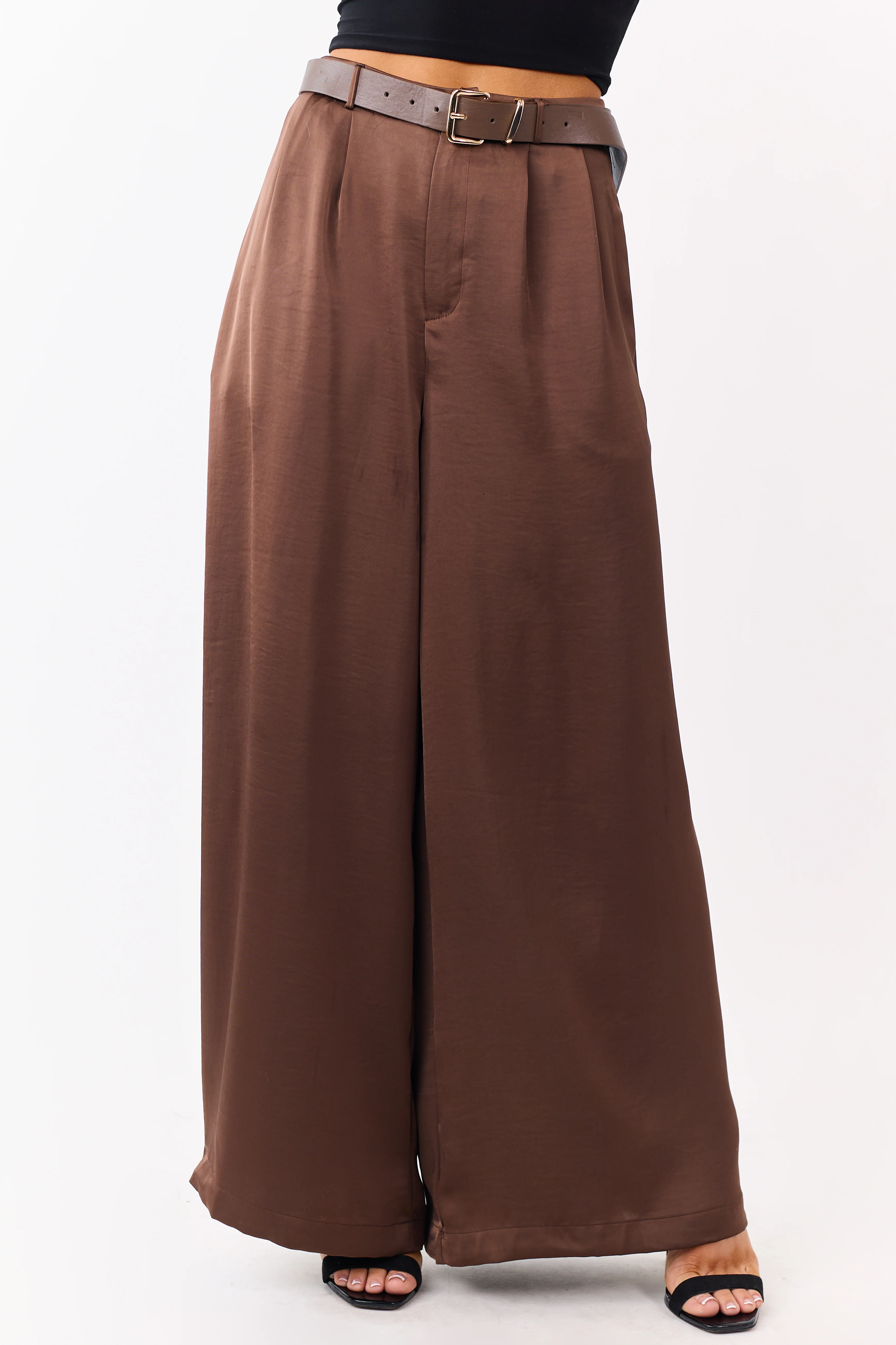 Coffee Satin Belted Wide Palazzo Pants - Image 2