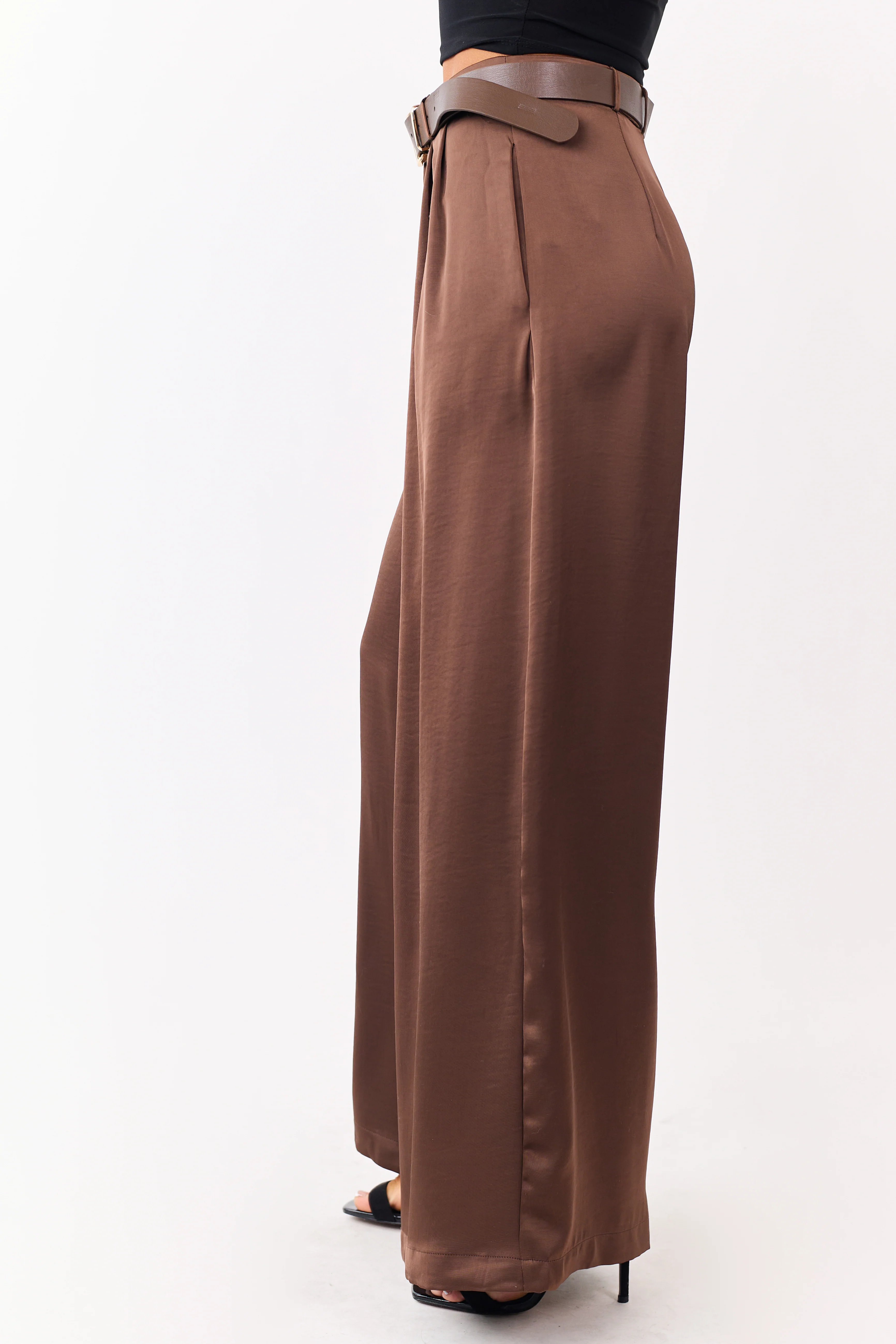 Coffee Satin Belted Wide Palazzo Pants - Image 3