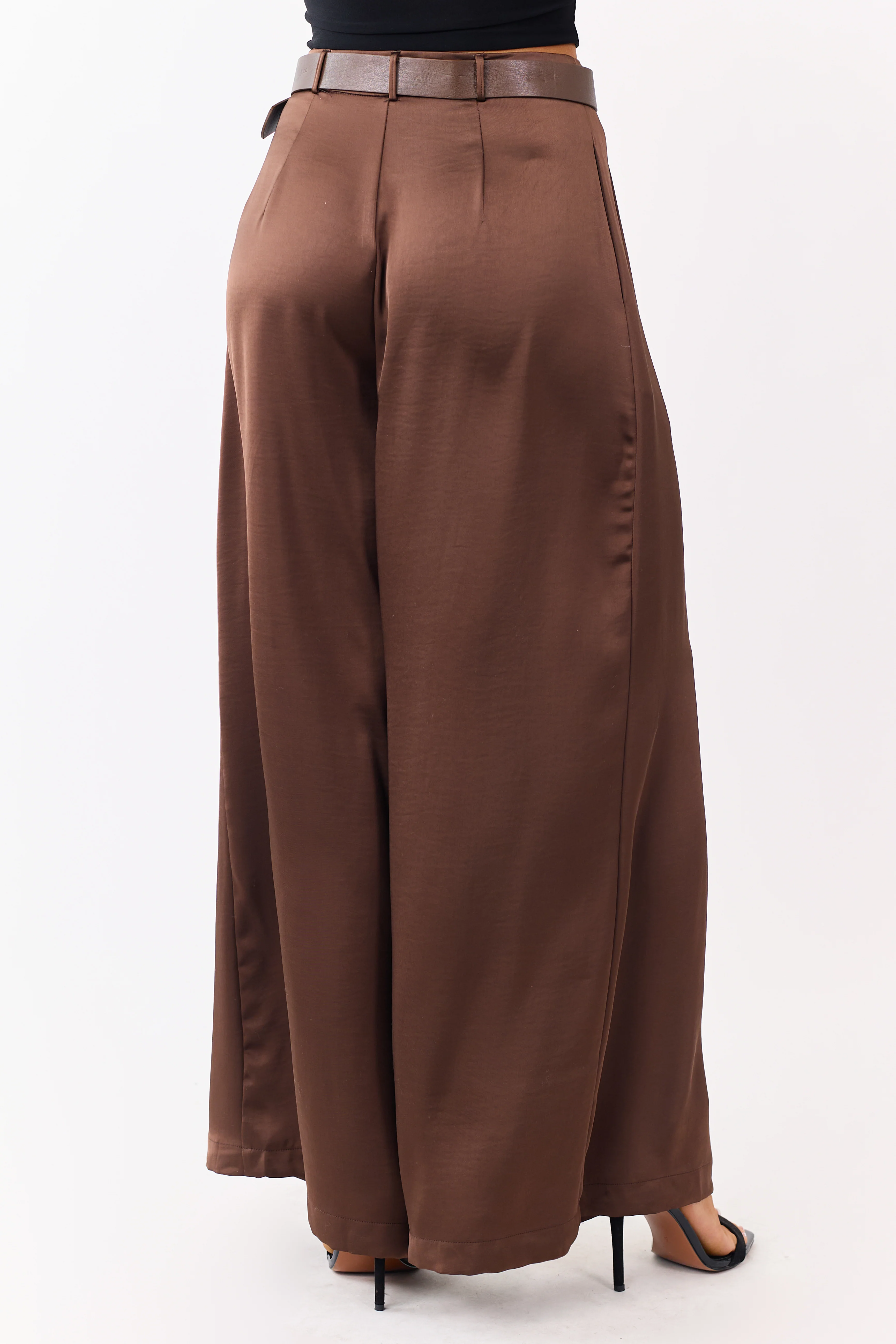 Coffee Satin Belted Wide Palazzo Pants - Image 4