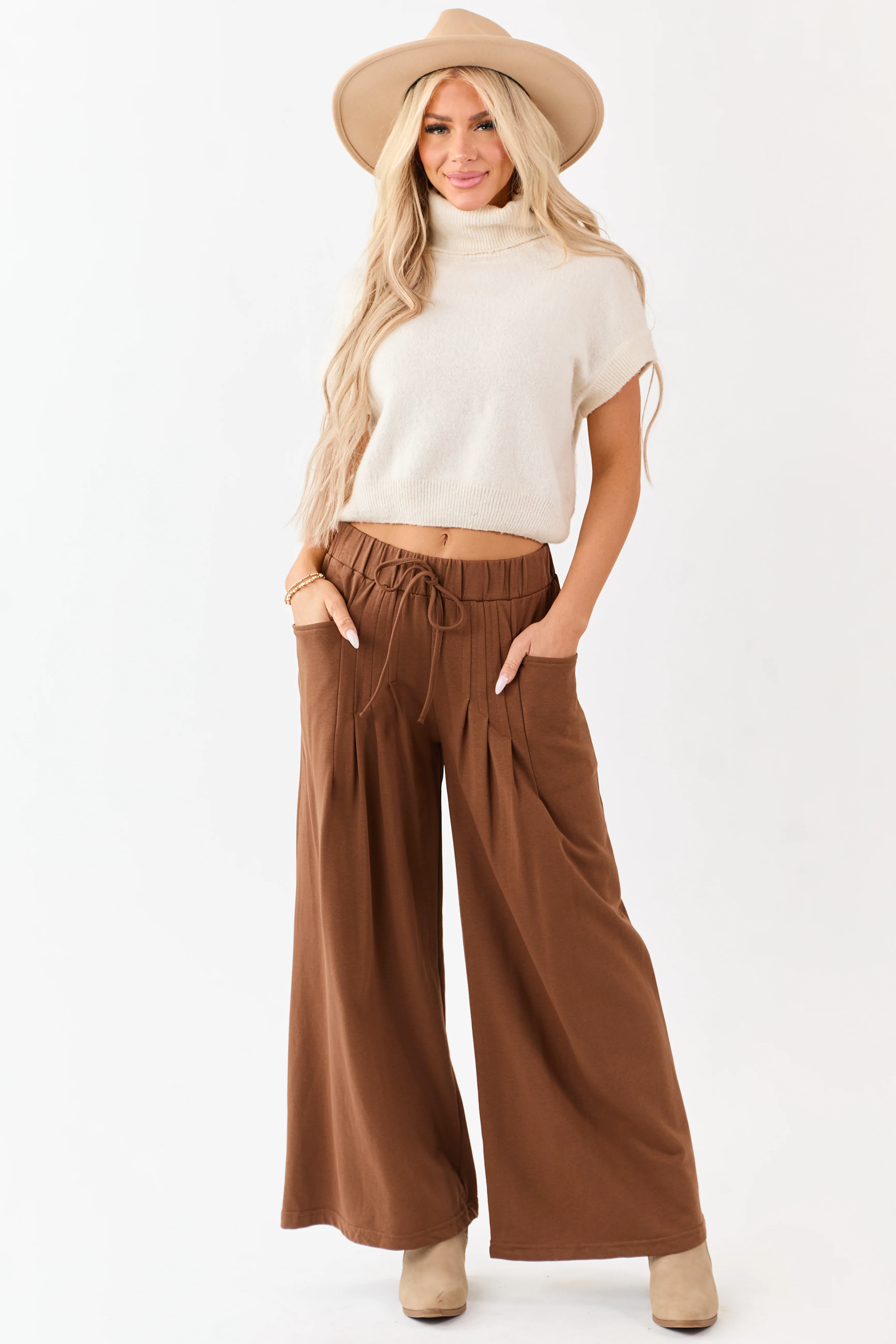 Coffee Wide Leg Pleated Waist Knit Sweatpants - Image 5