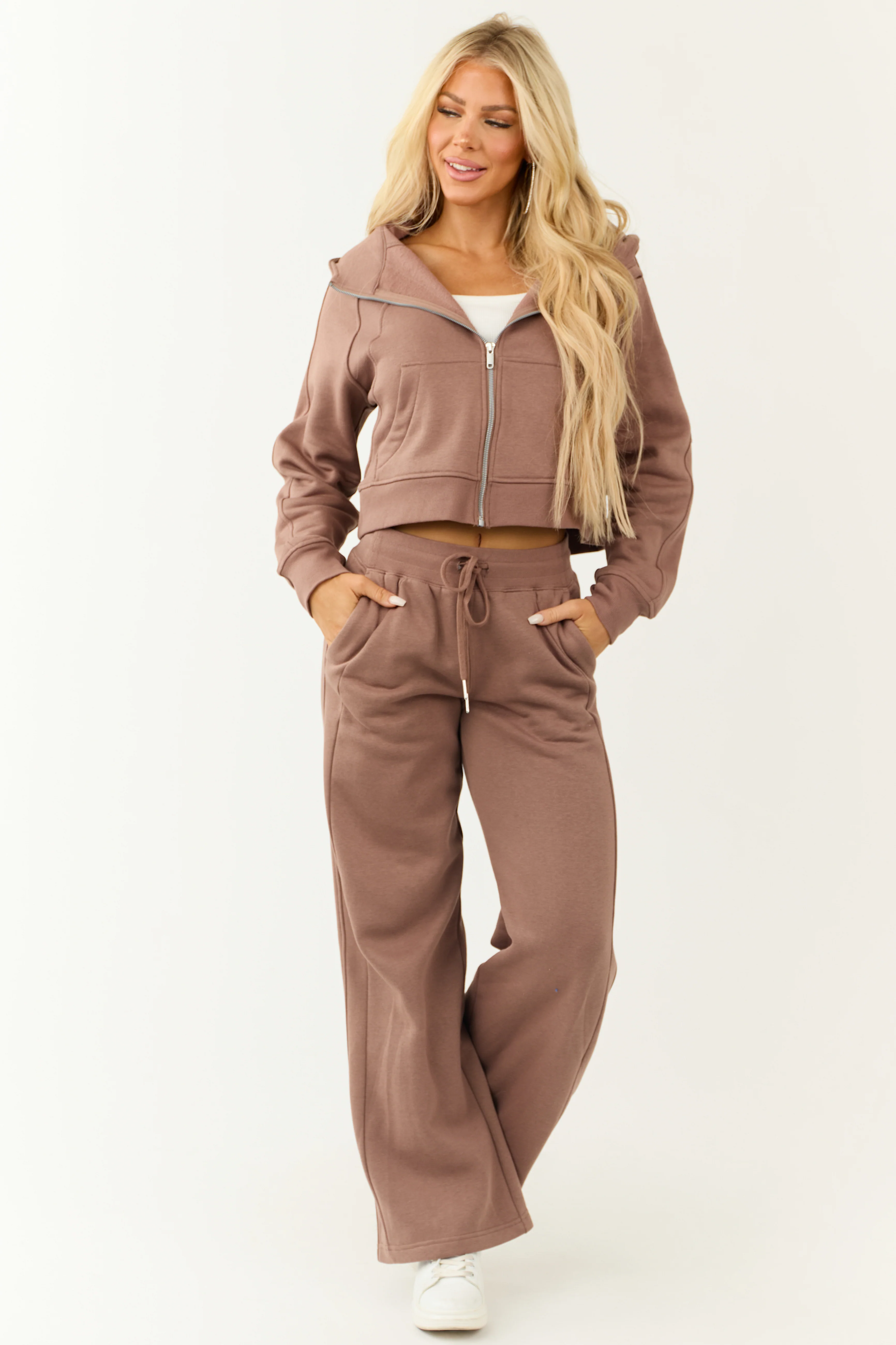 Coffee Zip Up Front Knit Hoodie with Thumbholes - Image 2