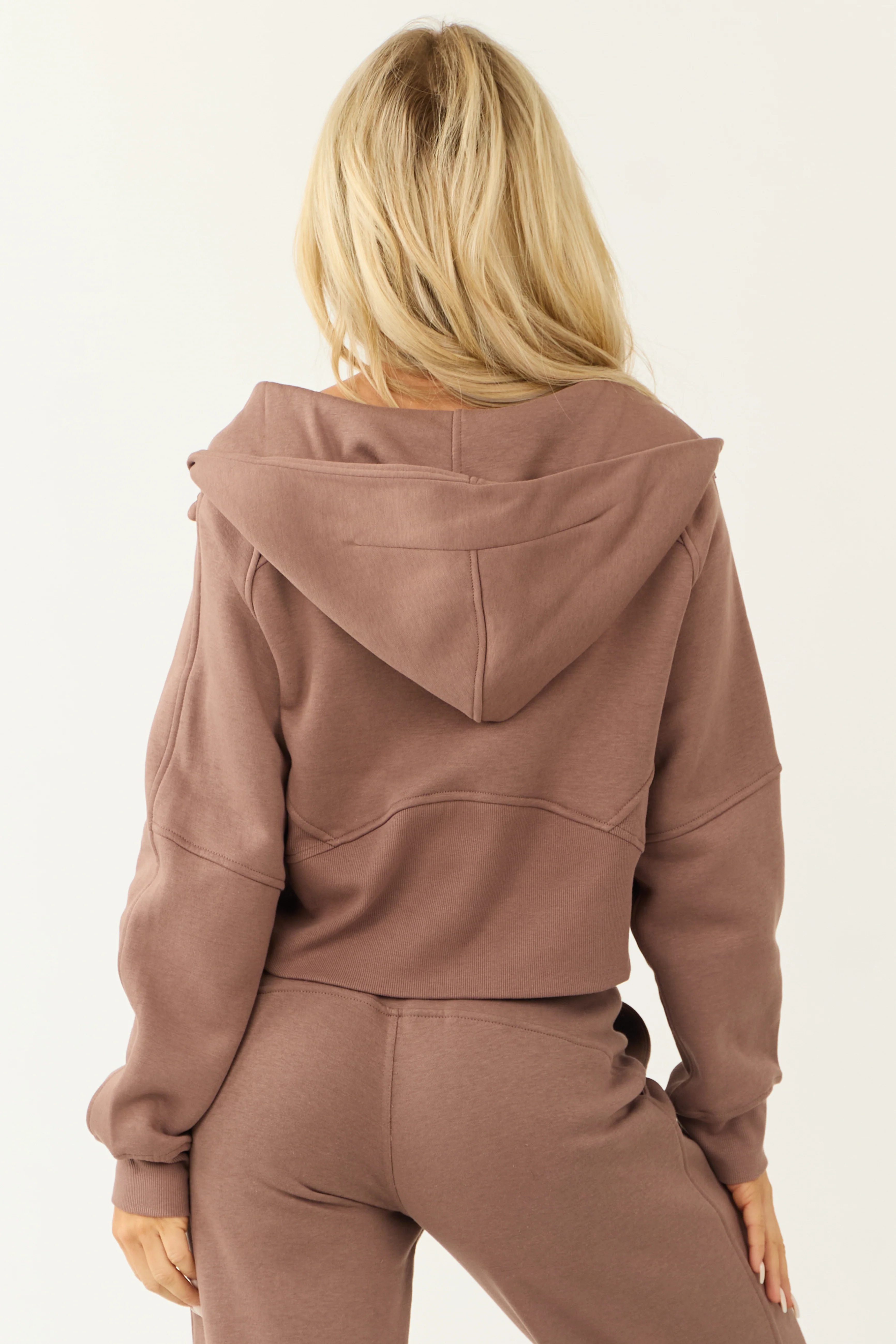 Coffee Zip Up Front Knit Hoodie with Thumbholes - Image 5