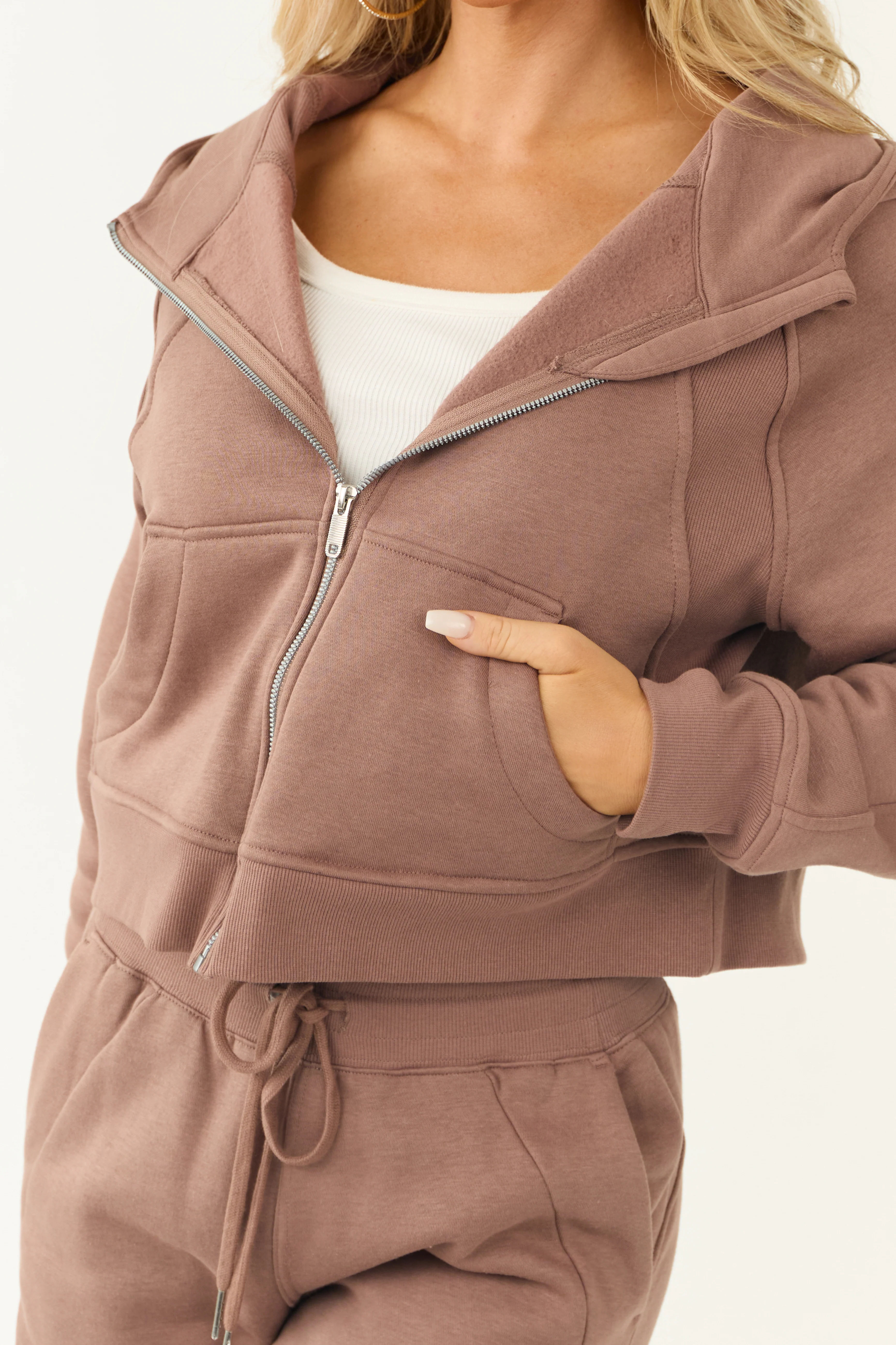 Coffee Zip Up Front Knit Hoodie with Thumbholes - Image 6