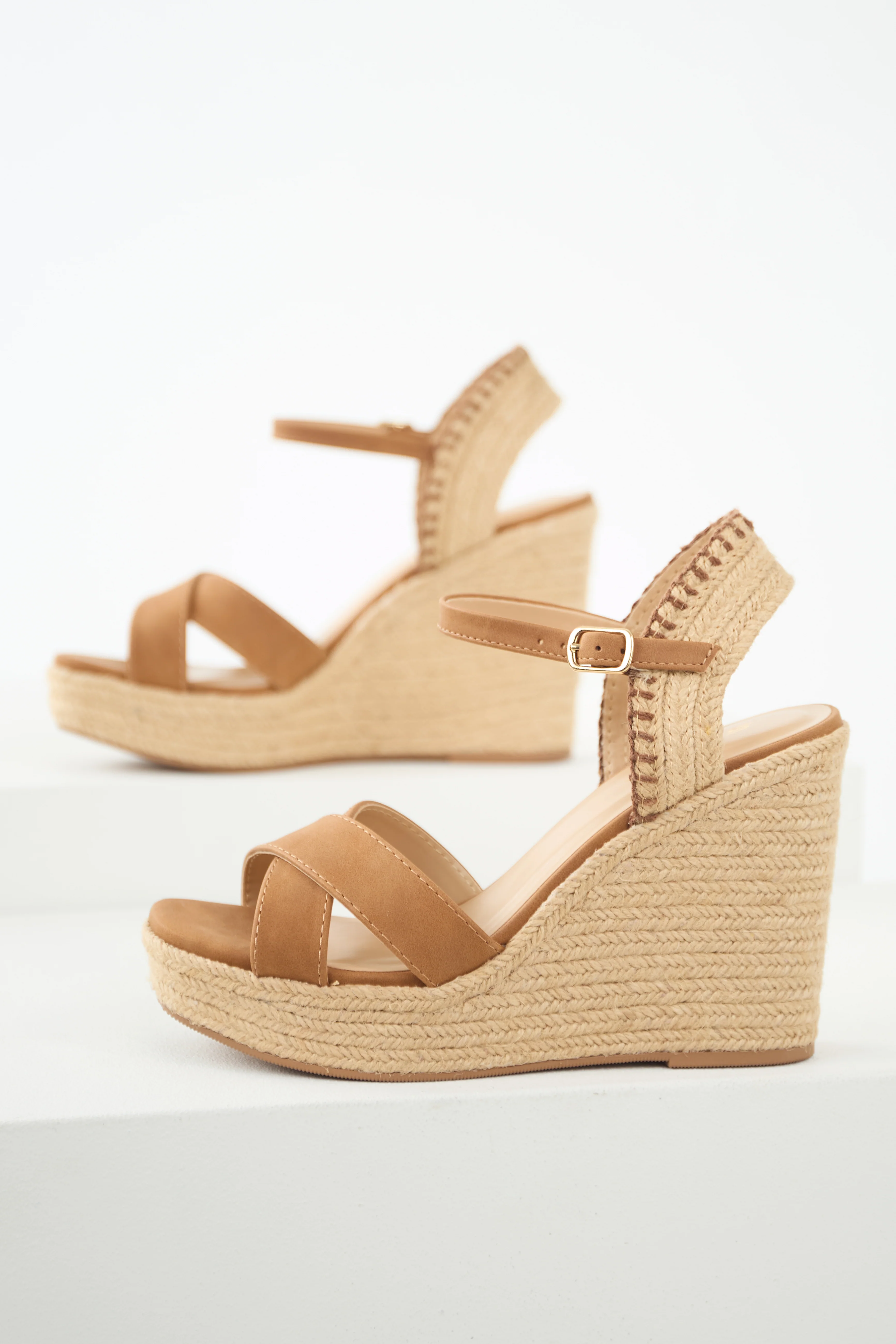 Cognac Cross Strap Platform Espadrille Wedges - Image 4