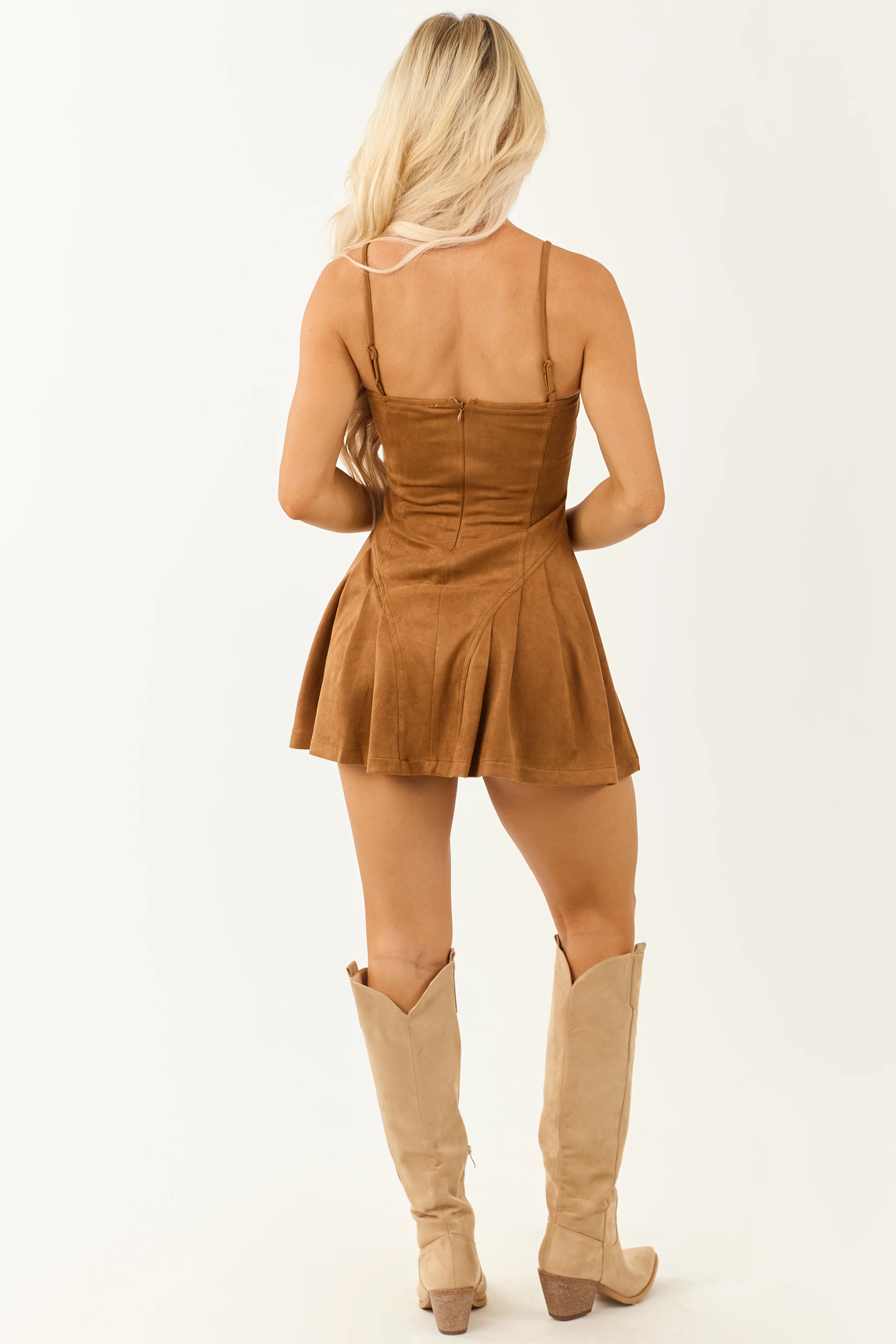 Cognac Faux Suede Front Lace Up Mini Dress - Image 7