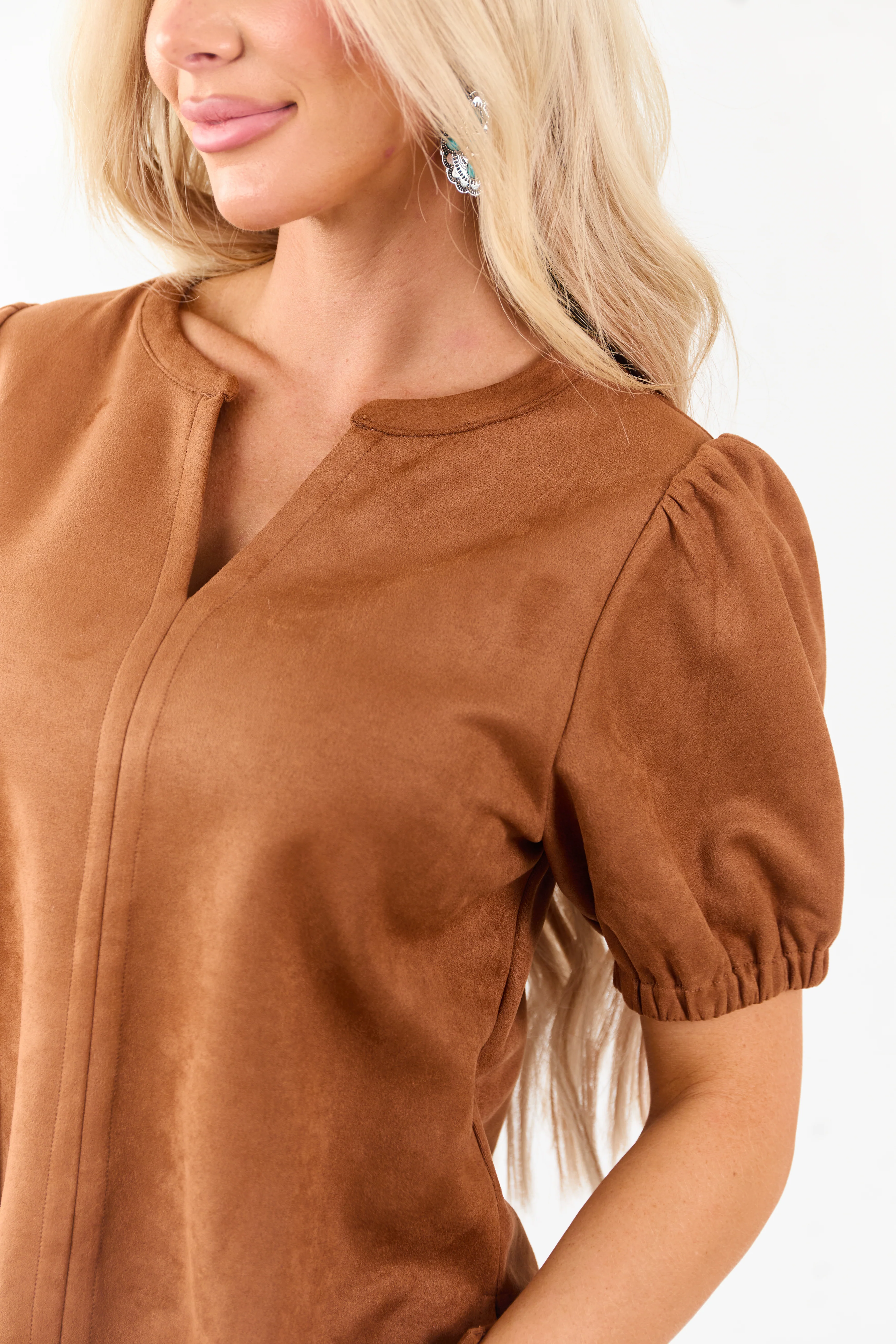 Cognac Faux Suede Half Puff Sleeve V Notch Top - Image 7