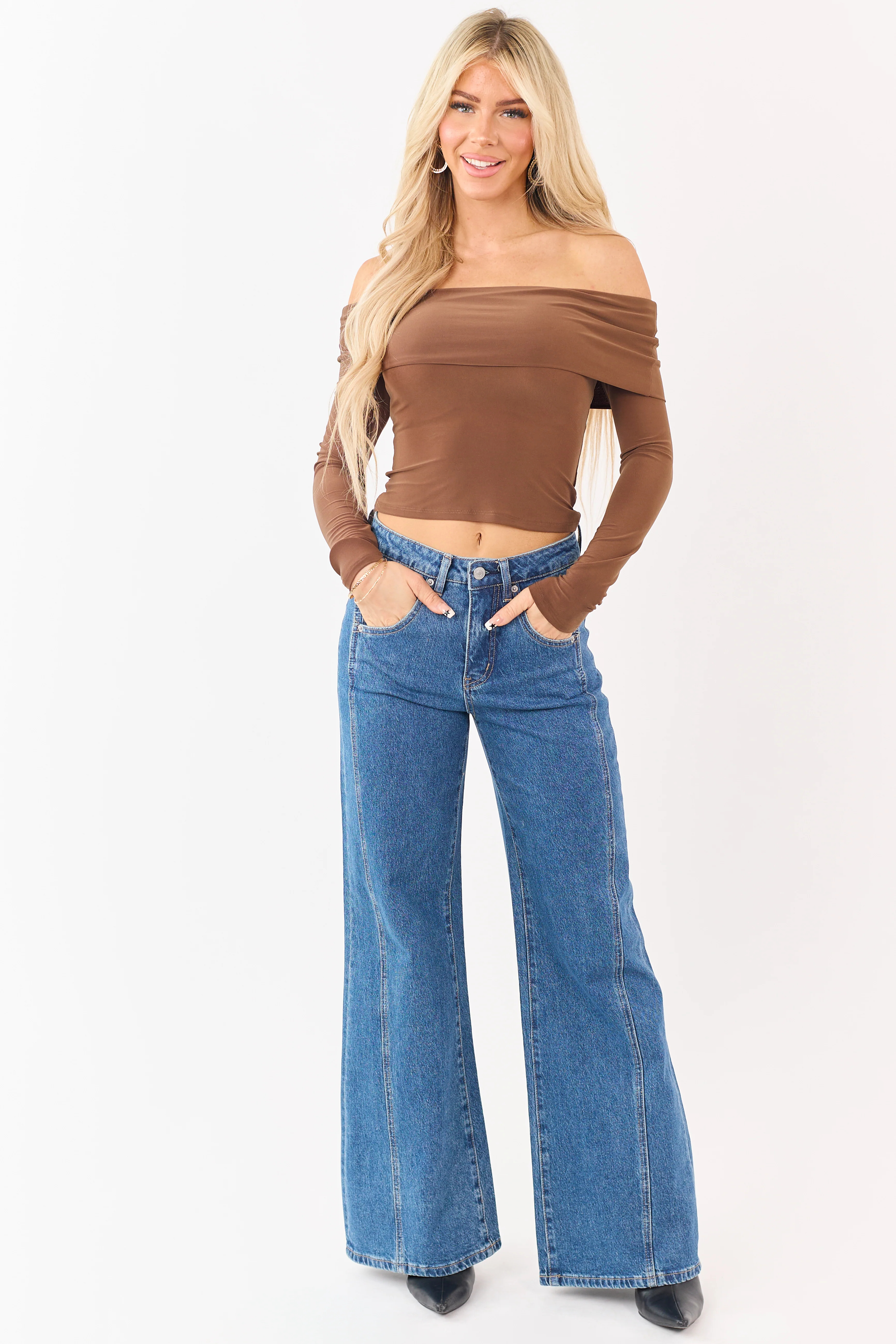 Cognac Off Shoulder Long Sleeve Fitted Knit Top - Image 3