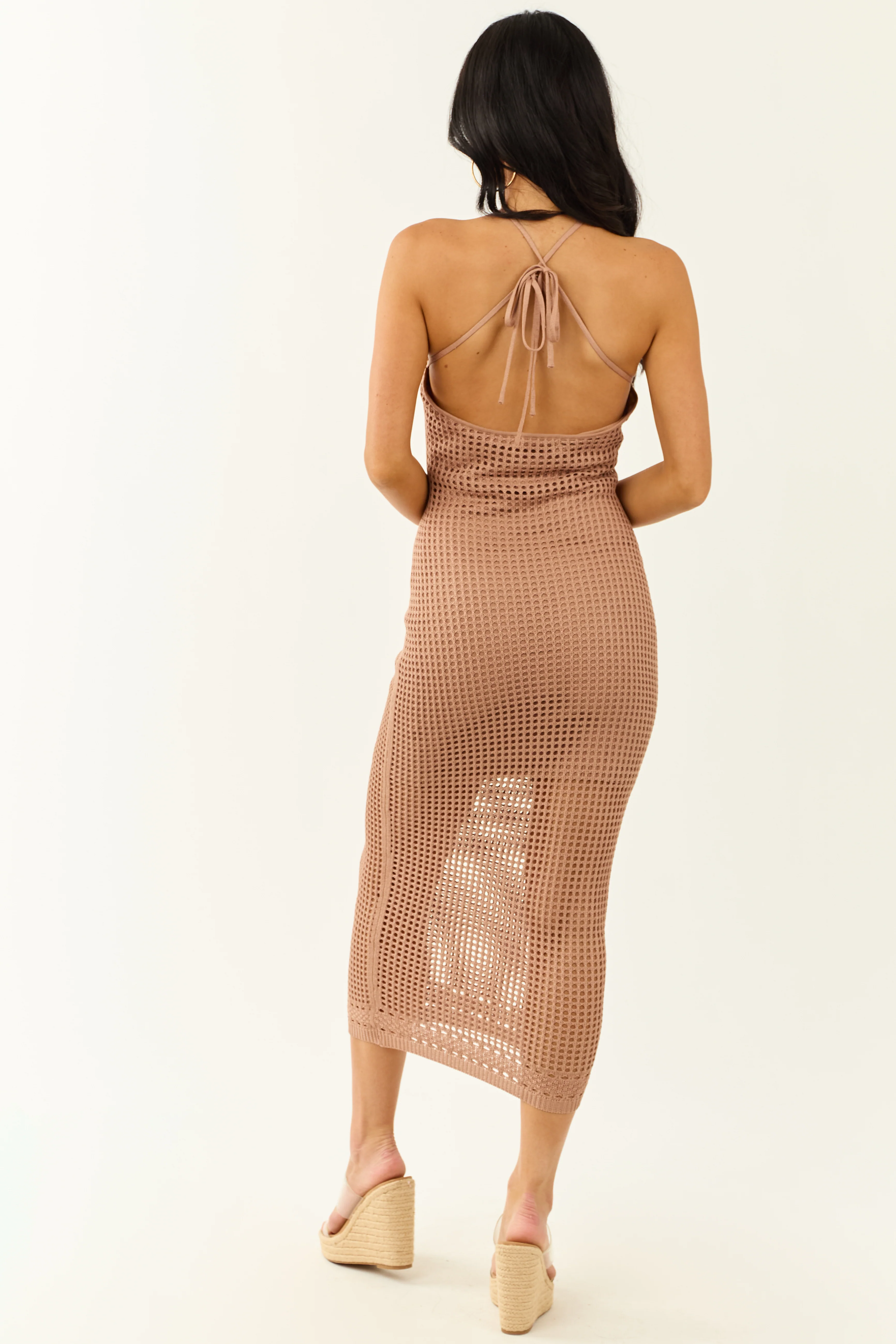 Cognac Open Knit Bodycon Halter Neck Midi Dress - Image 5