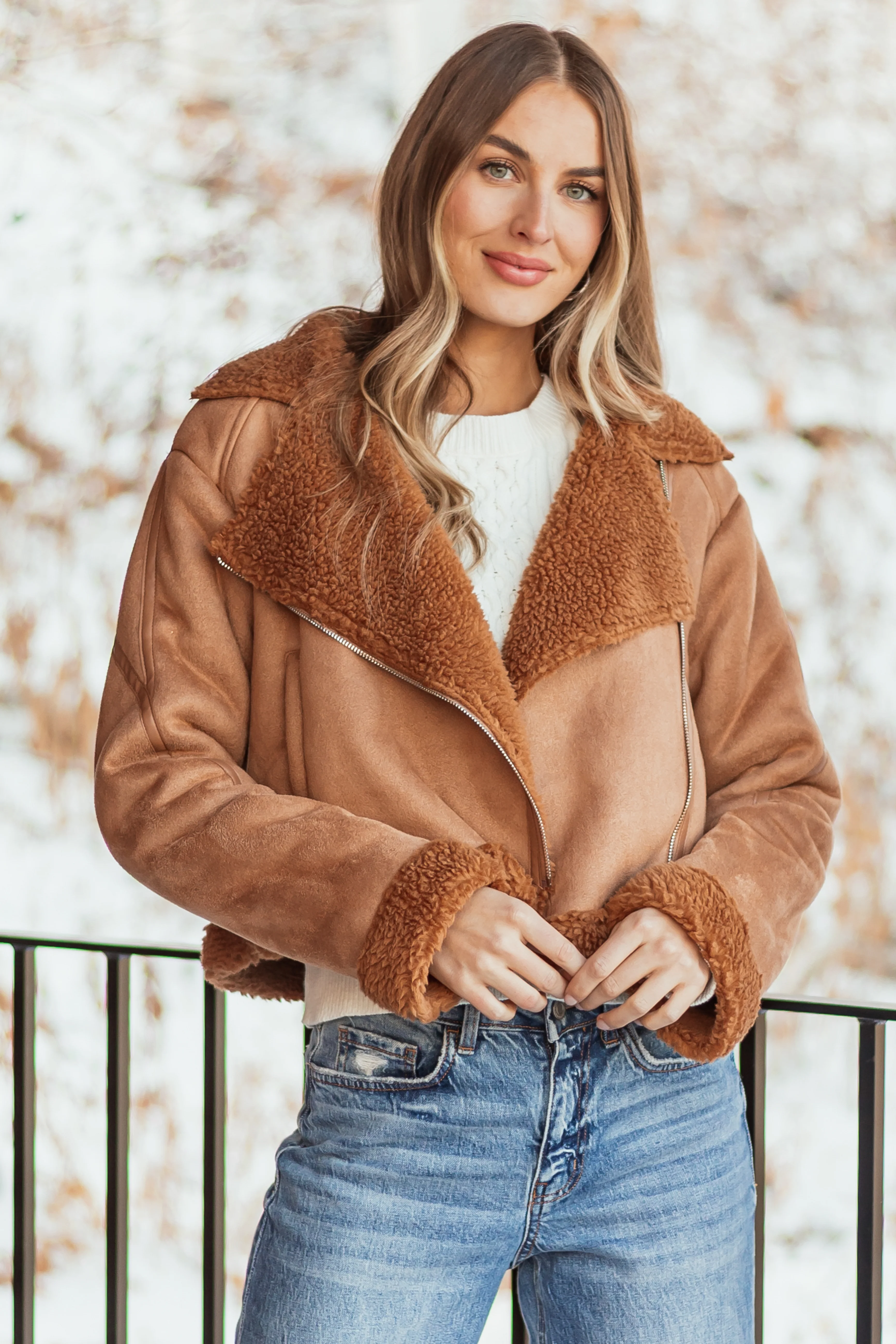 Cognac Sherpa Lined Faux Suede Jacket - Image 2