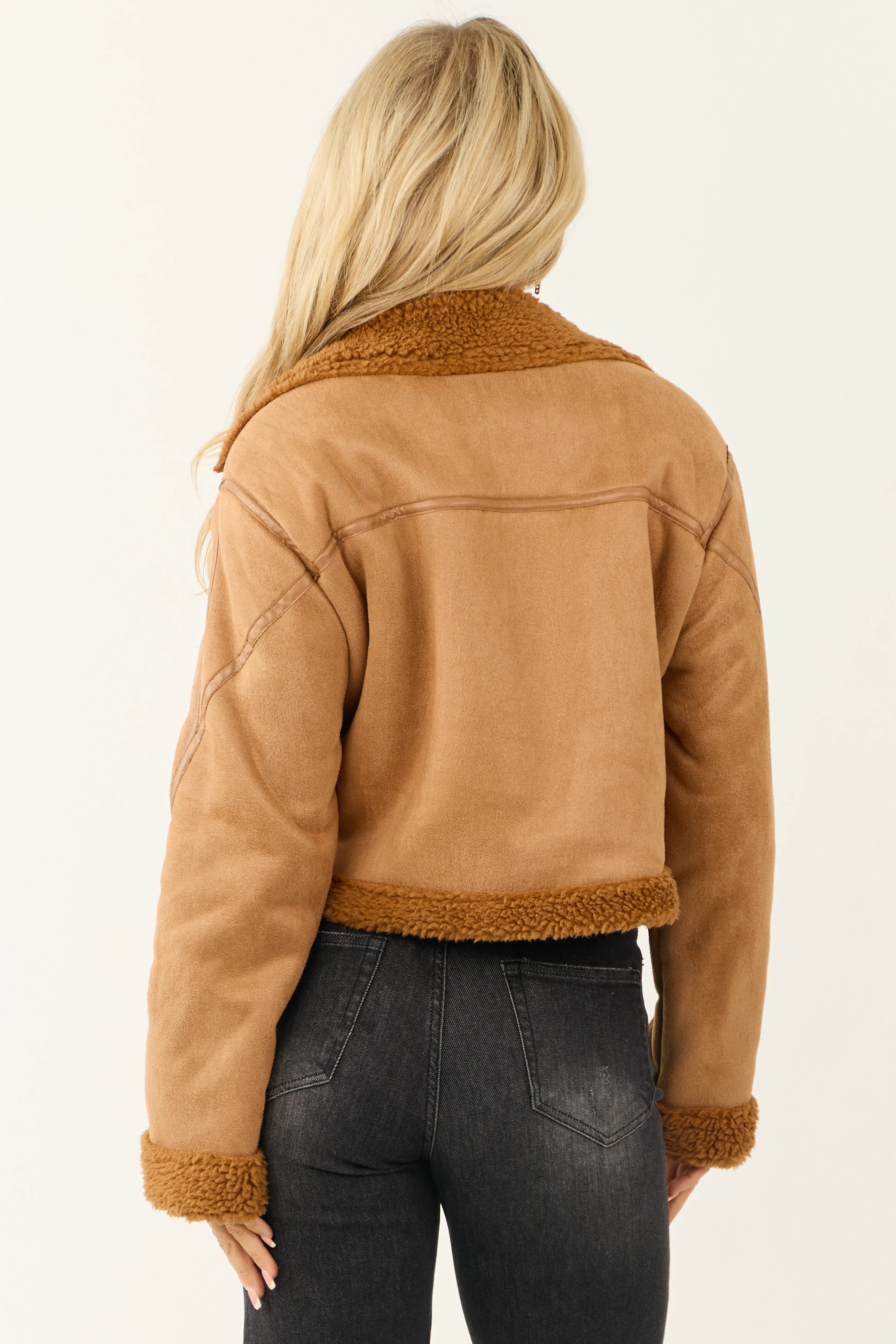 Cognac Sherpa Lined Faux Suede Jacket - Image 6