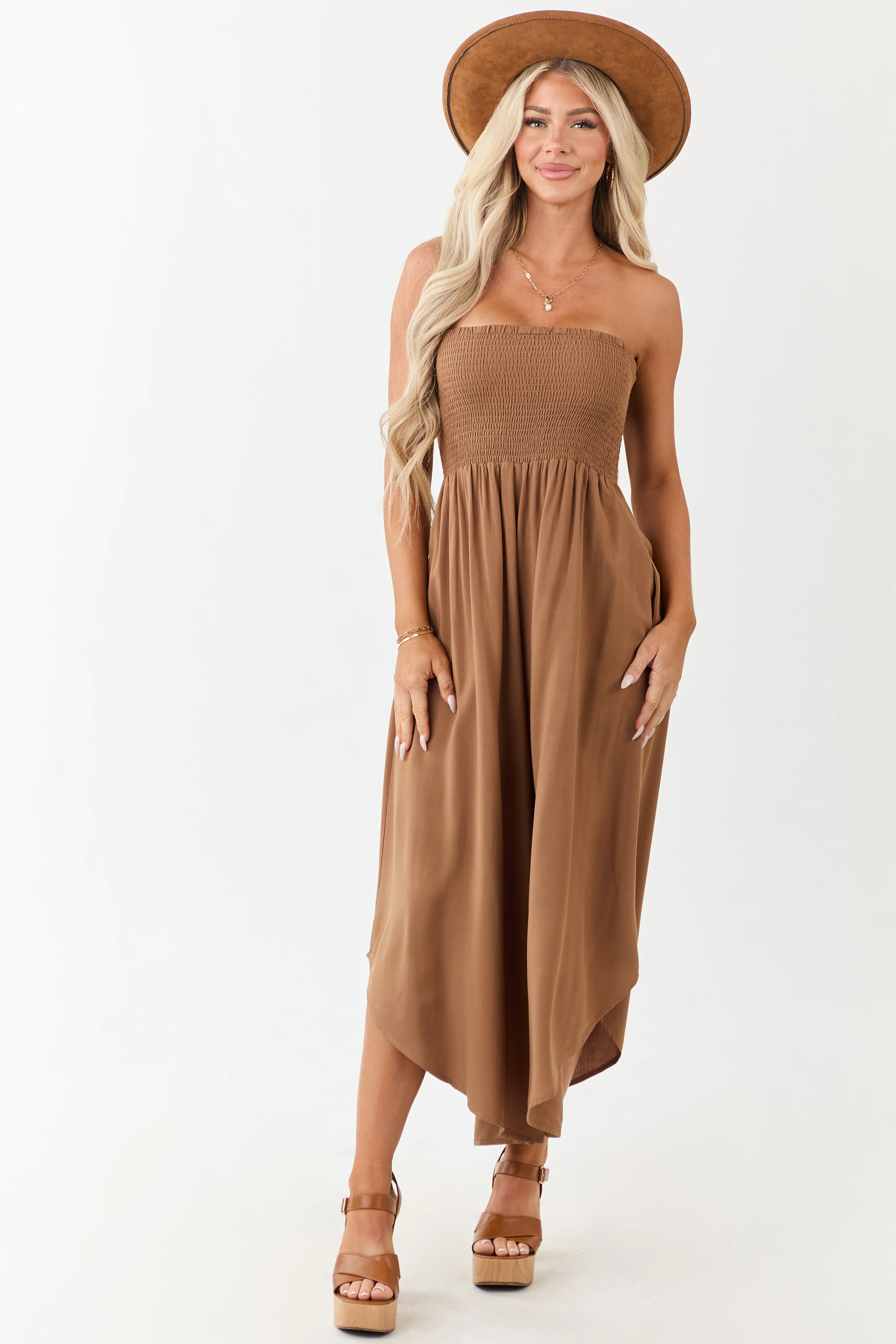 Cognac Smocked Bodice Strapless Wide Leg Jumpsuit - Image 3