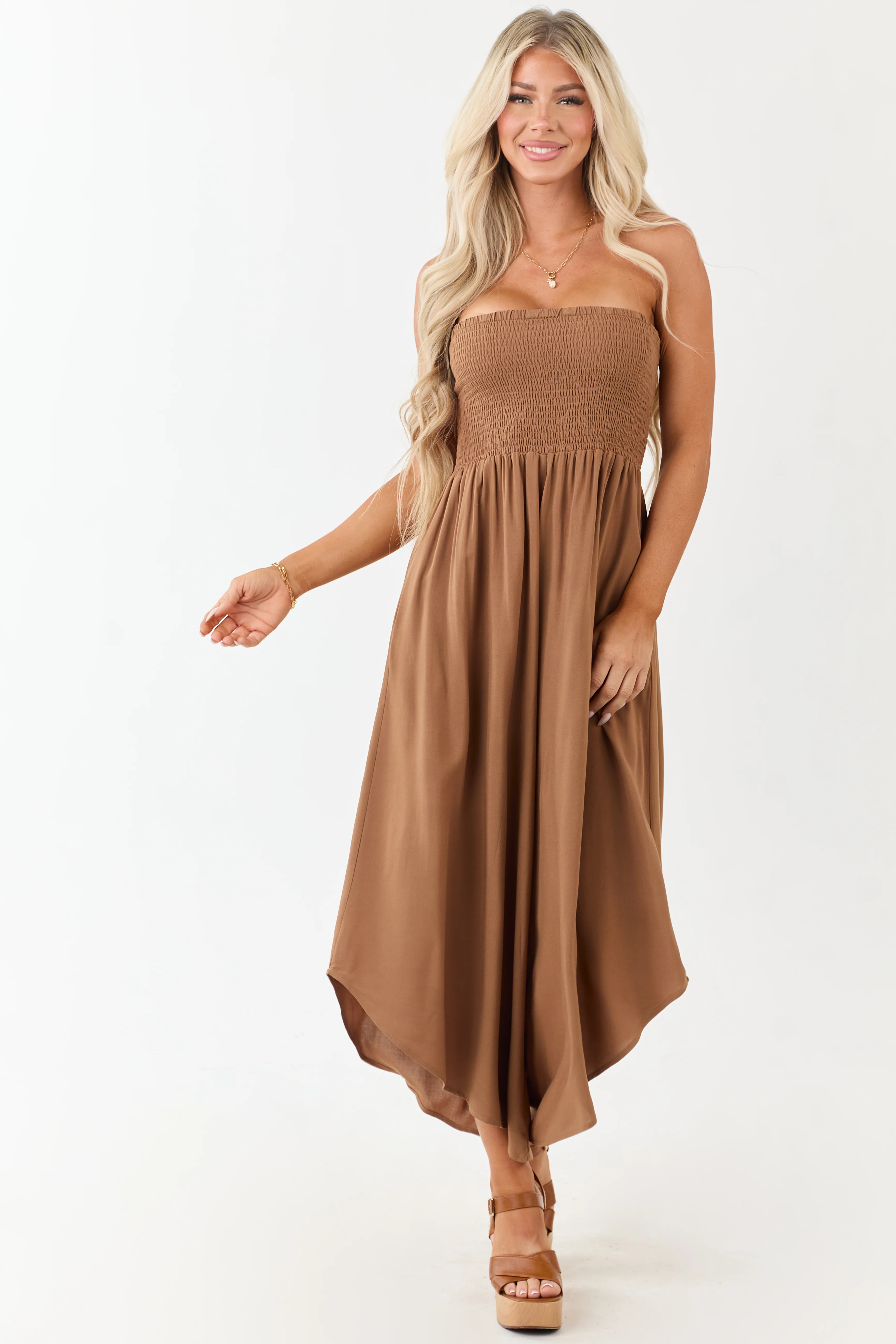 Cognac Smocked Bodice Strapless Wide Leg Jumpsuit - Image 4