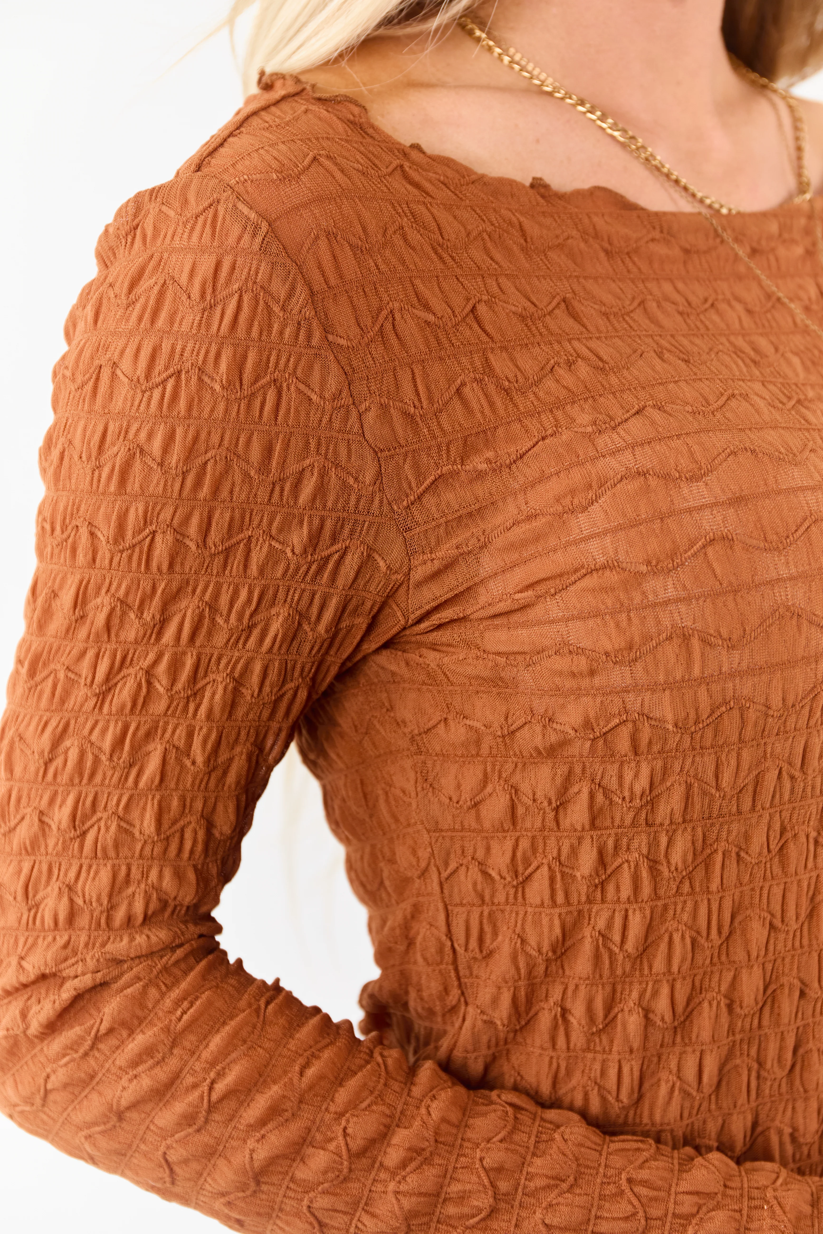 Cognac Textured Boat Neck Long Sleeve Mesh Top - Image 6