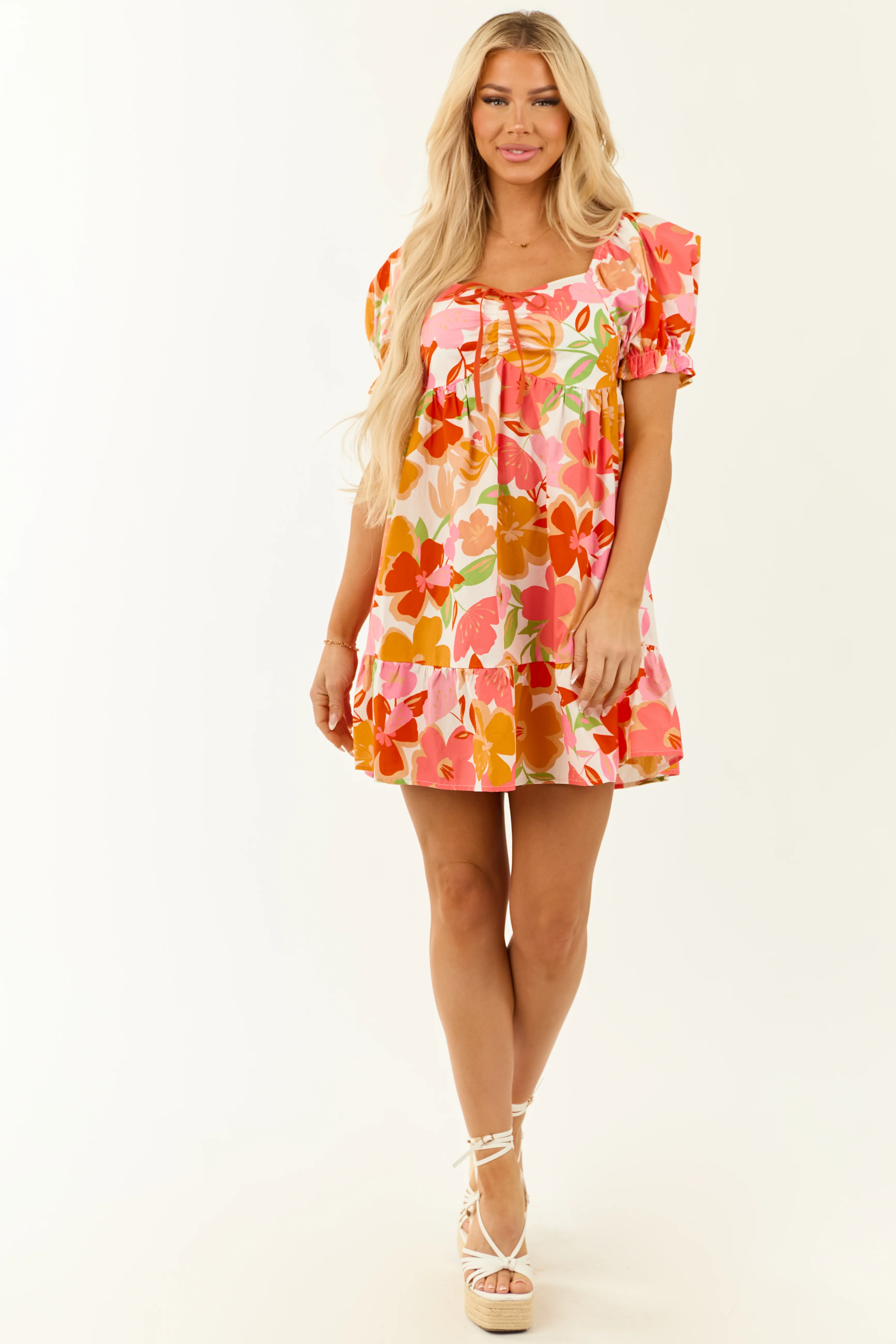 Colorful Floral Print Babydoll Puff Sleeve Mini Dress - Image 3