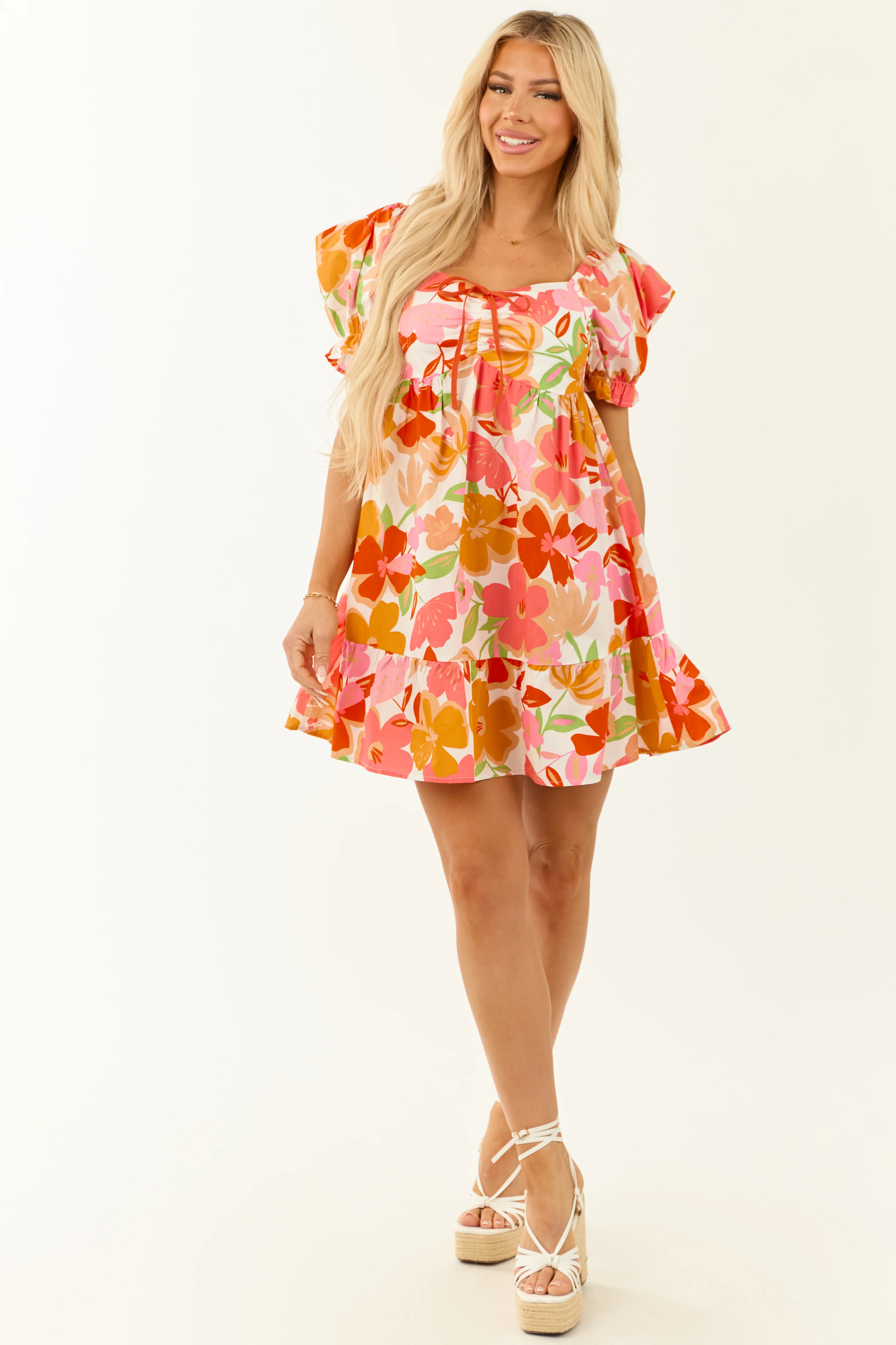 Colorful Floral Print Babydoll Puff Sleeve Mini Dress - Image 4