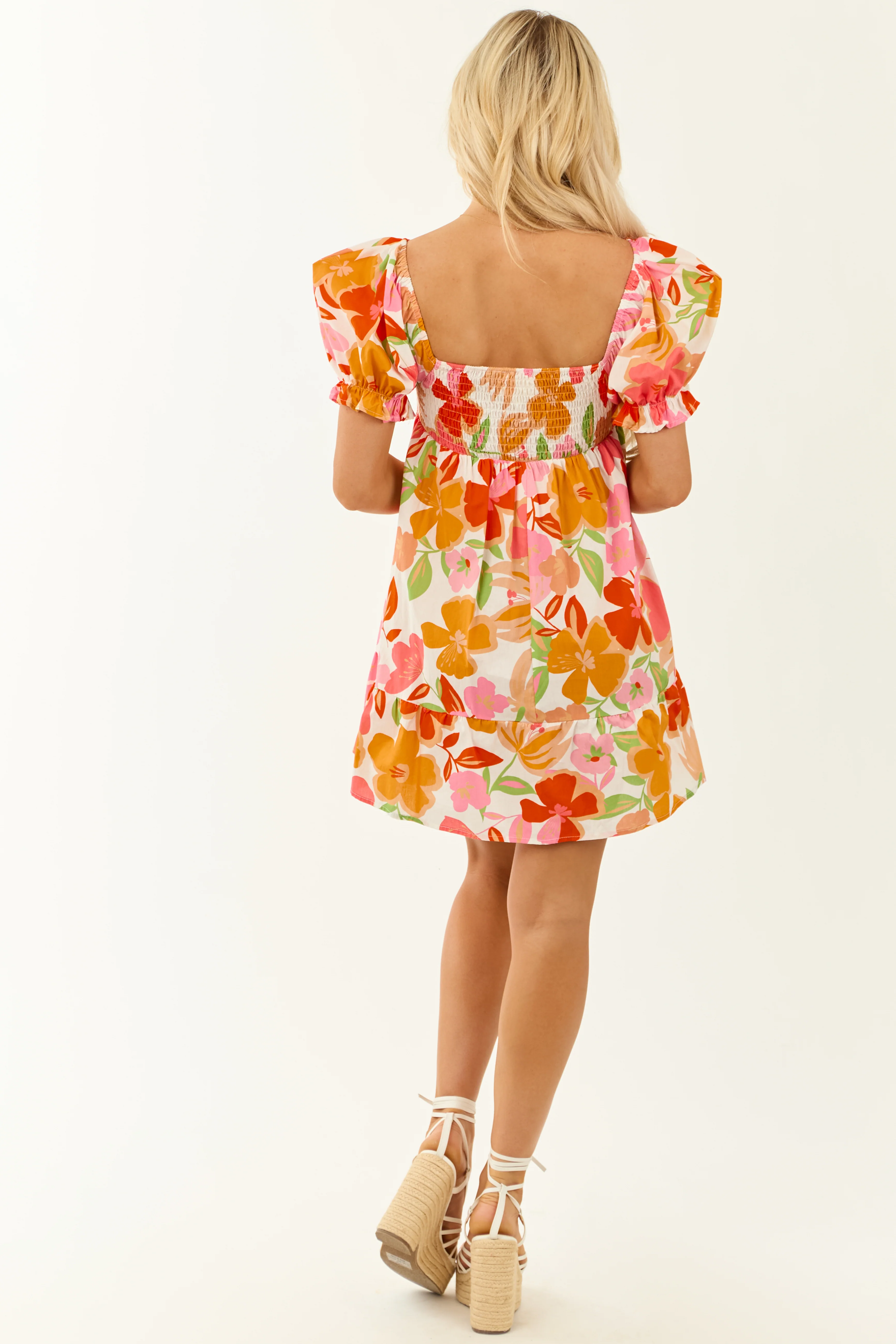 Colorful Floral Print Babydoll Puff Sleeve Mini Dress - Image 6