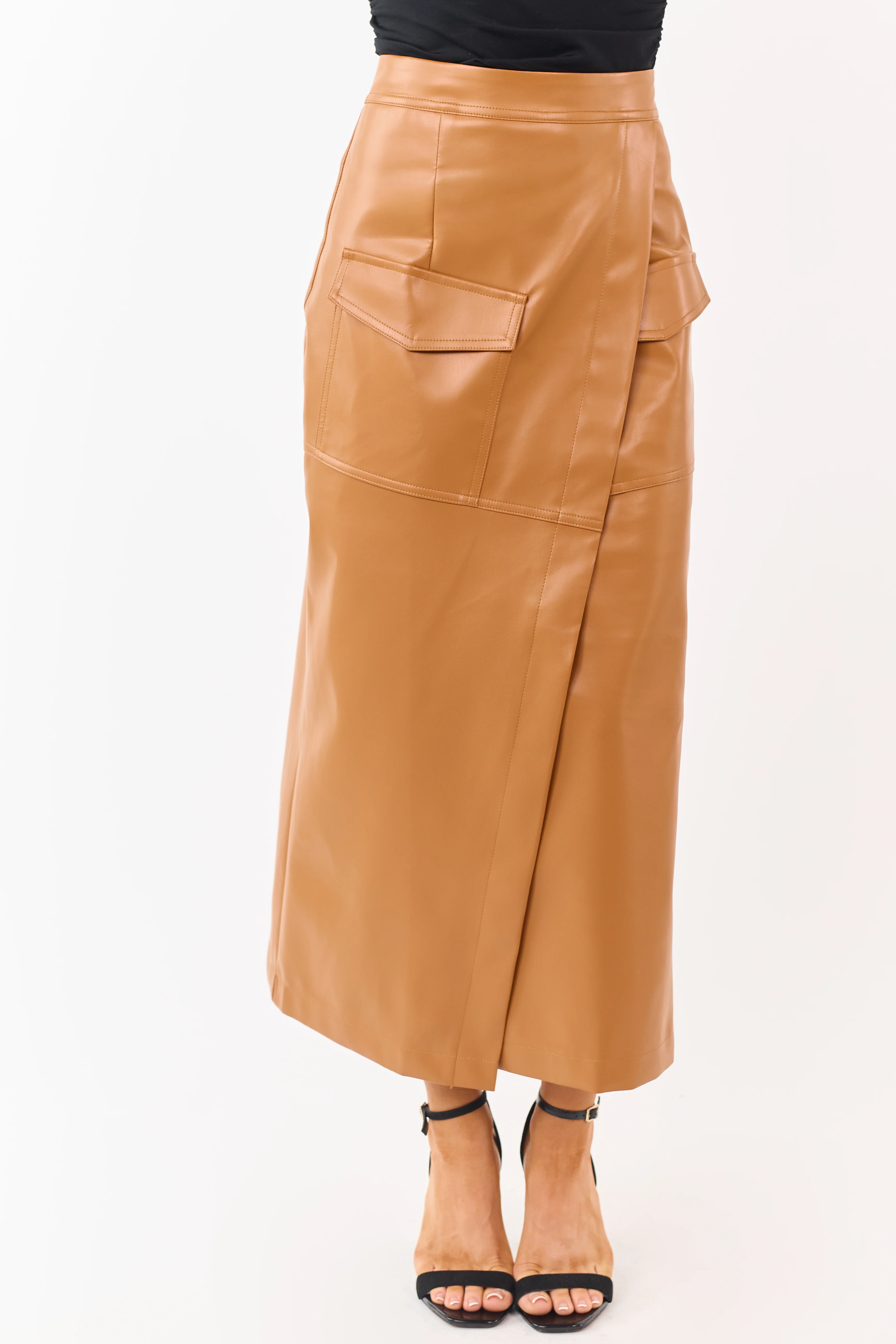 Copper Faux Leather Asymmetrical Wrap Maxi Skirt - Image 2