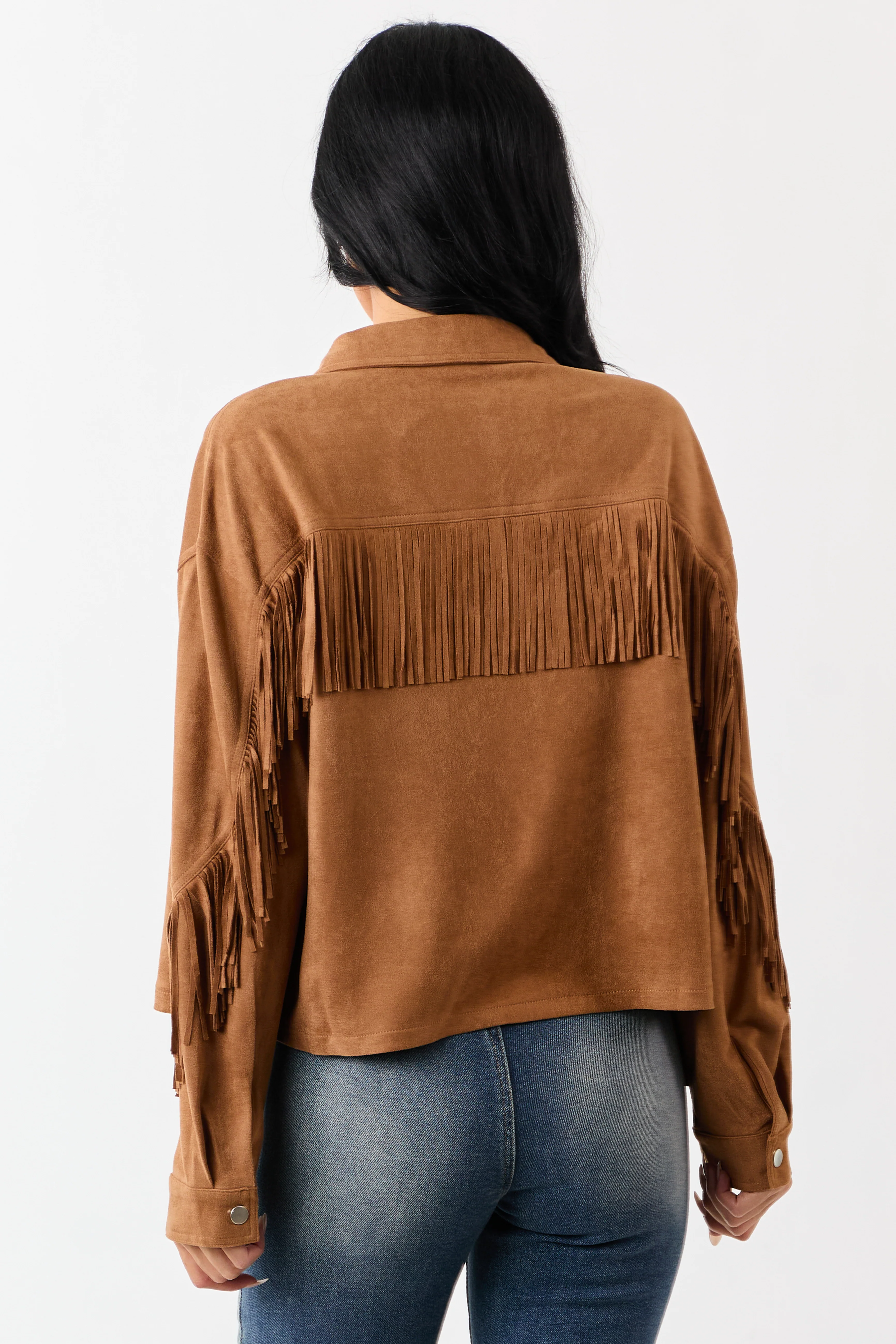 Copper Faux Suede Collared Fringe Jacket - Image 5