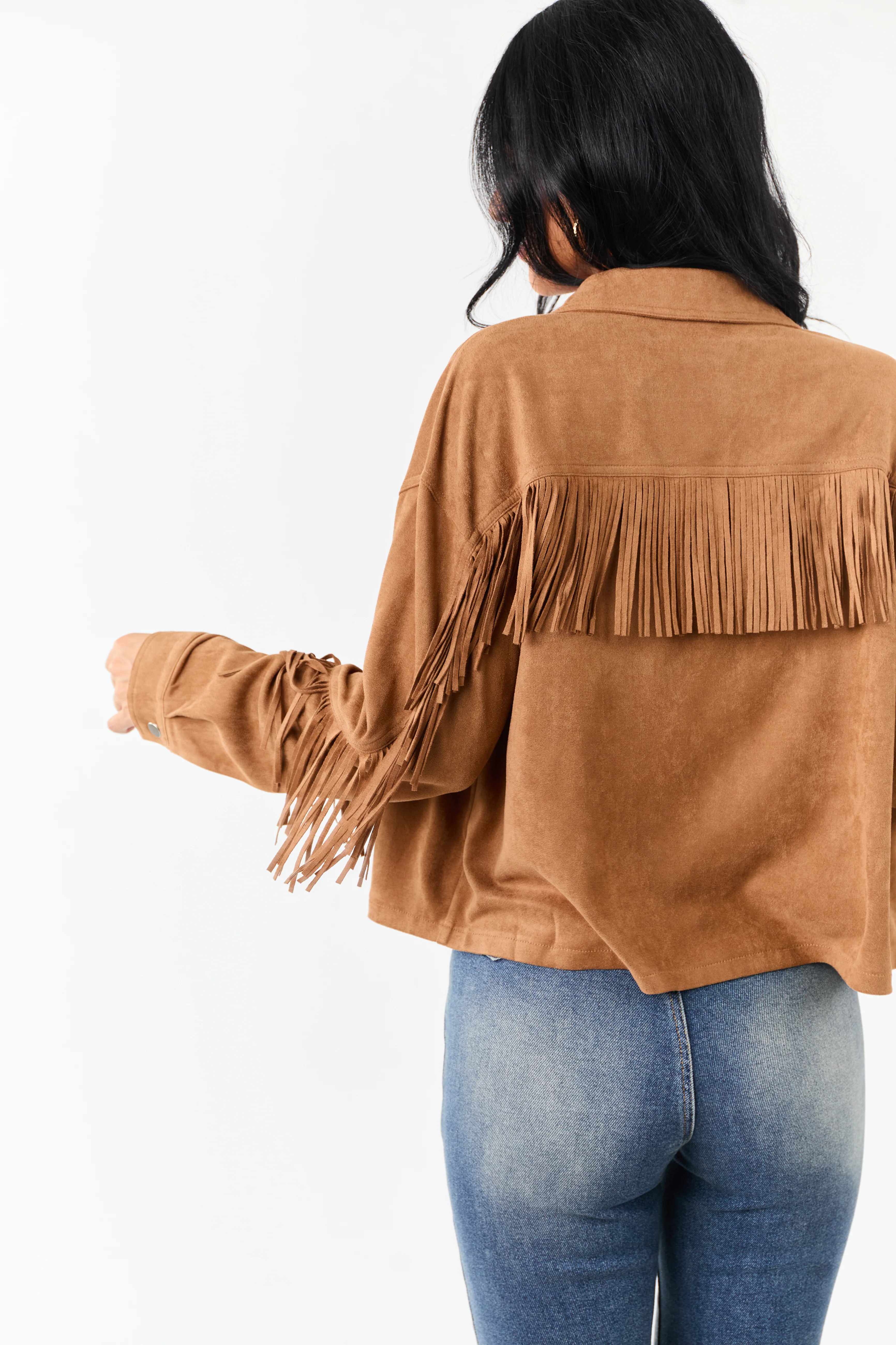 Copper Faux Suede Collared Fringe Jacket - Image 6