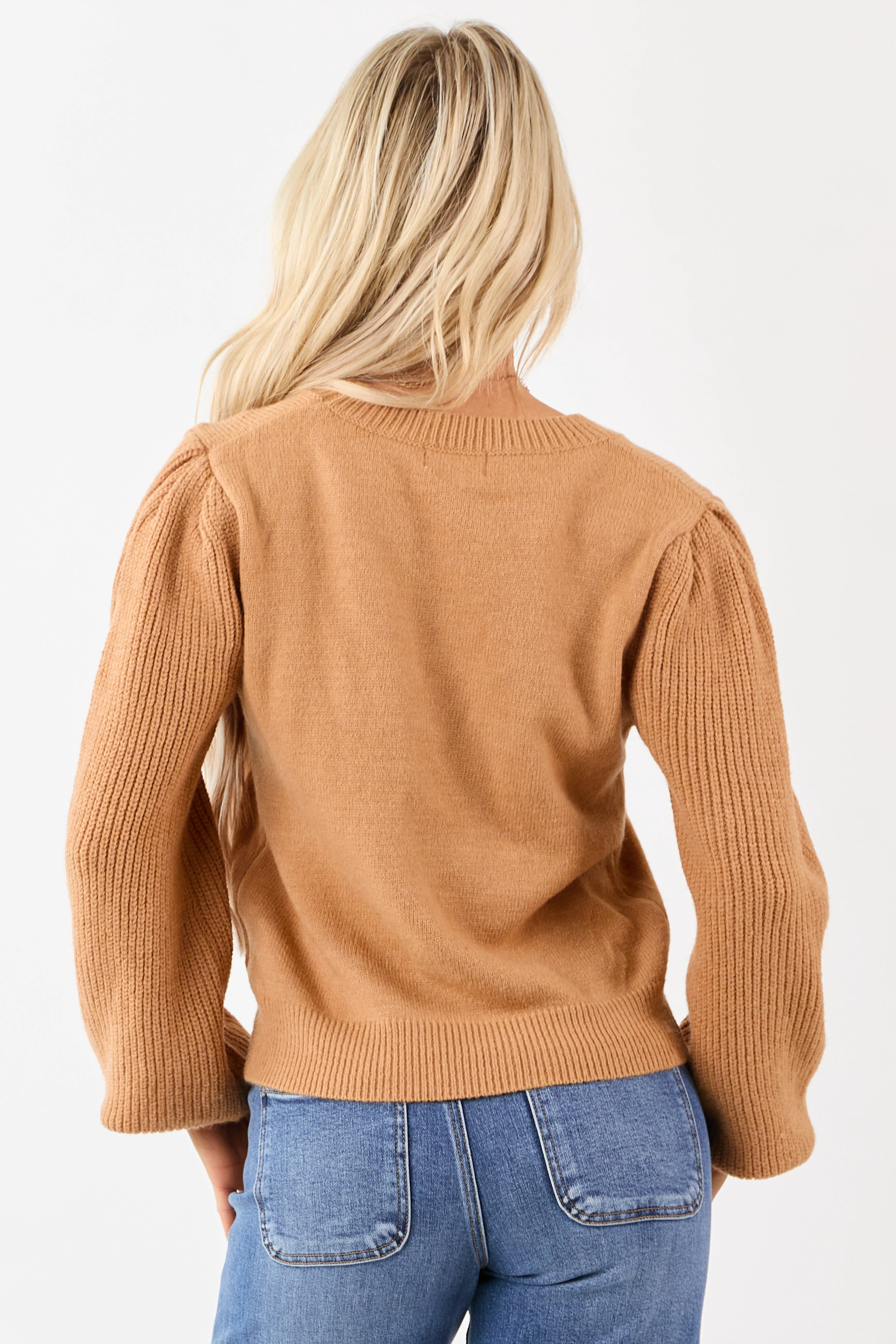 Copper Ribbed Knit Puff Long Sleeve Sweater - Image 5