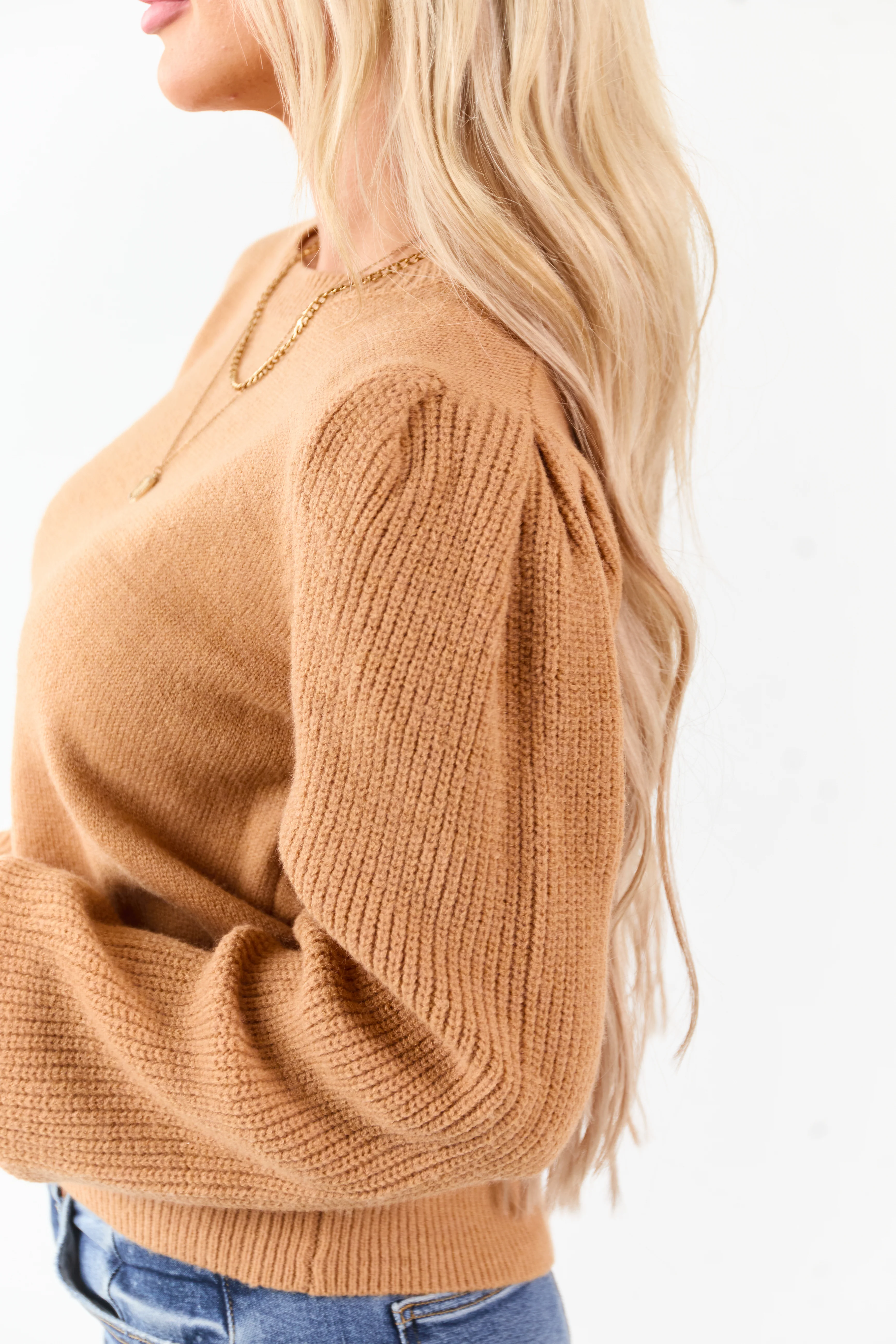 Copper Ribbed Knit Puff Long Sleeve Sweater - Image 6
