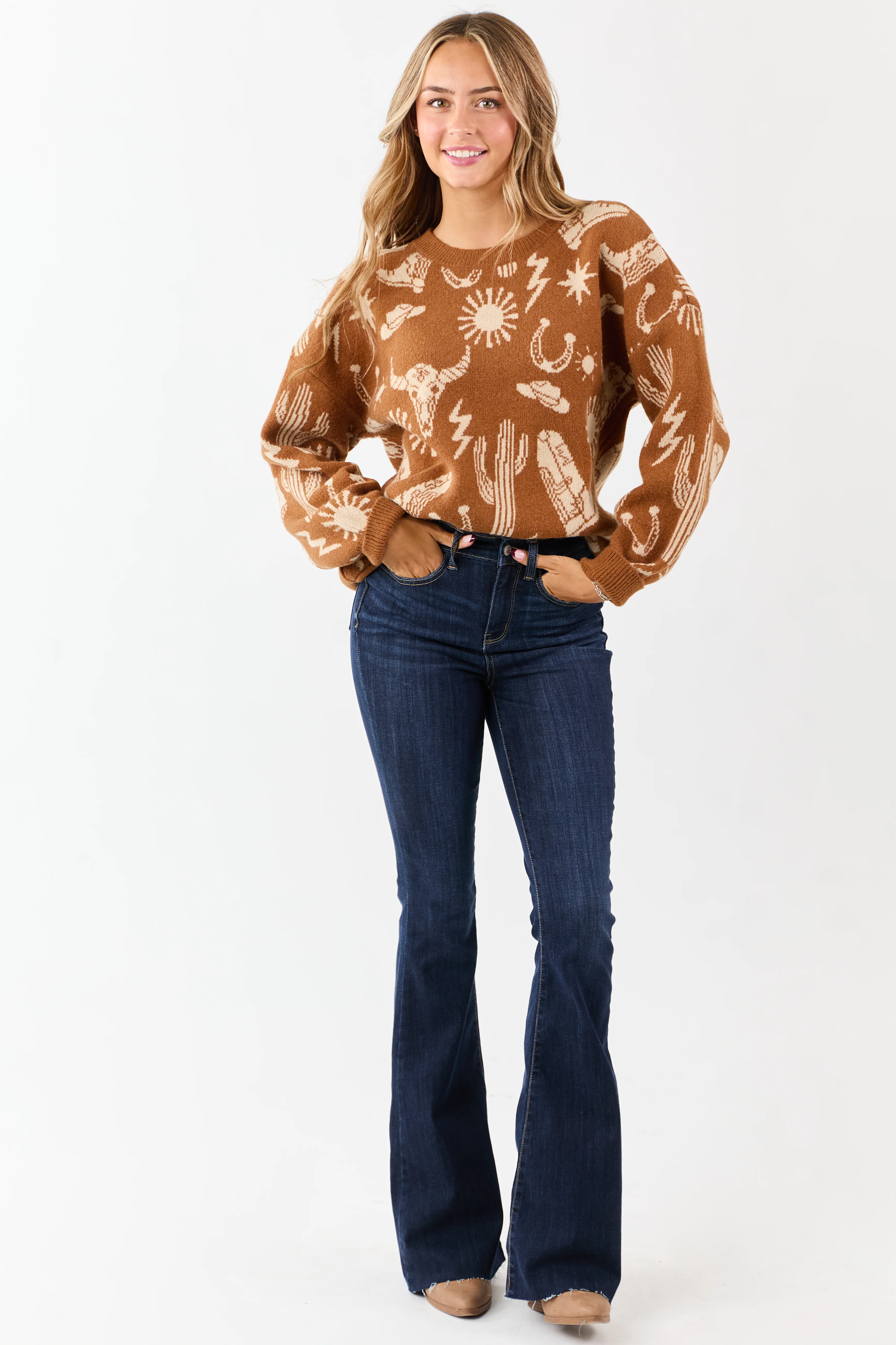 Copper Western Graphic Long Sleeve Sweater - Image 3