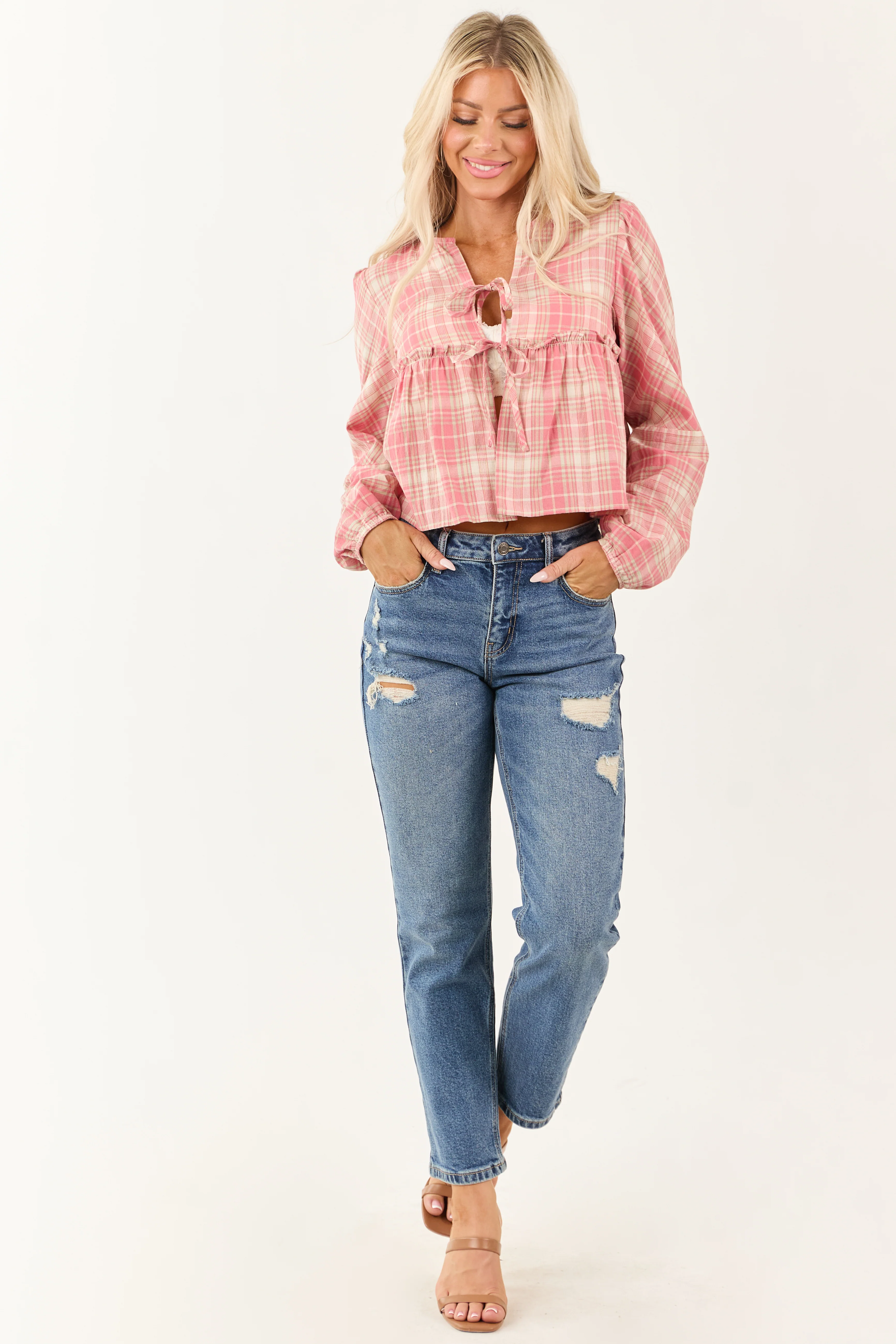 Coral and Cream Plaid Long Sleeve Cotton Top - Image 3