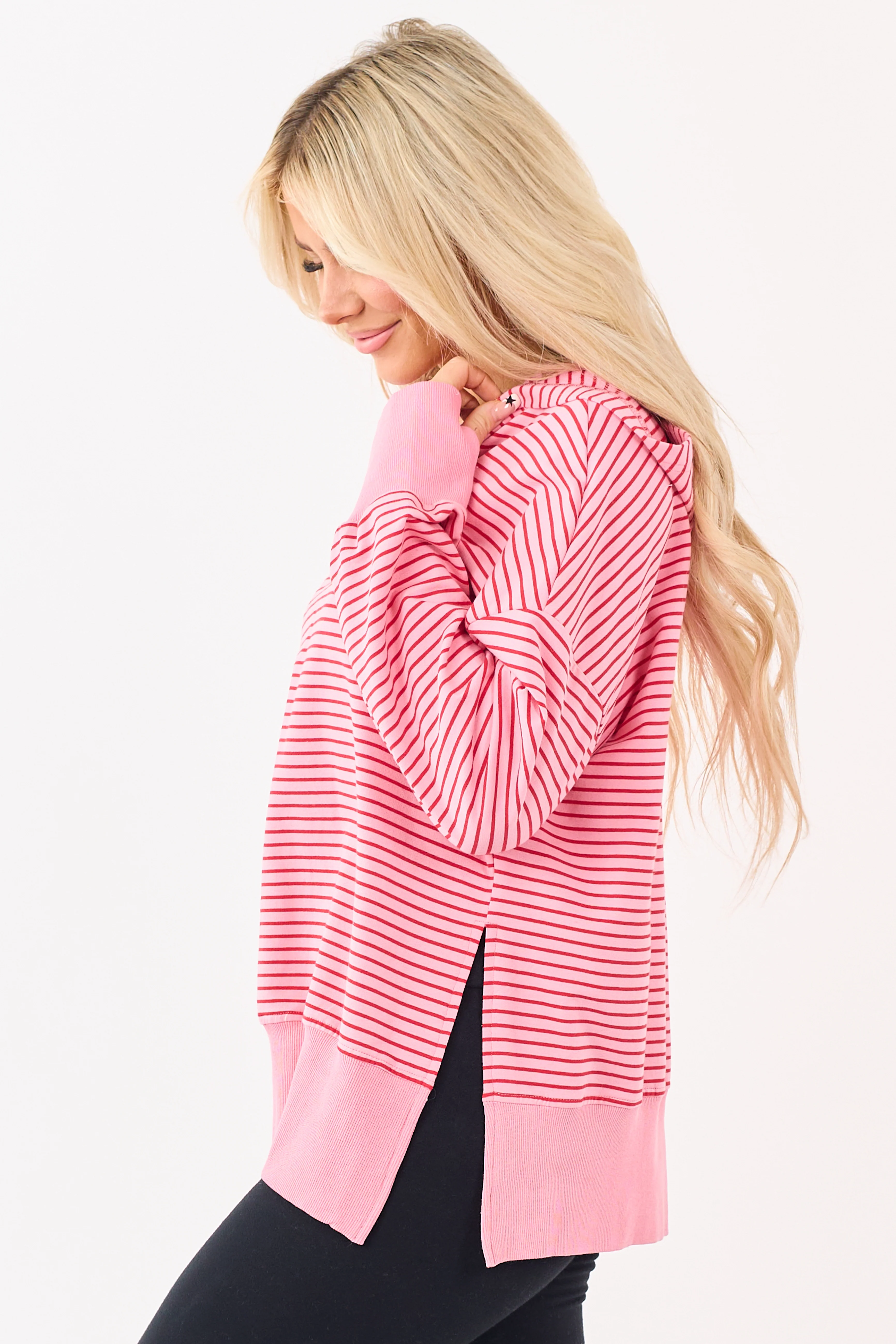 Coral Striped Ribbed Trim Side Slit Relaxed Hoodie - Image 4