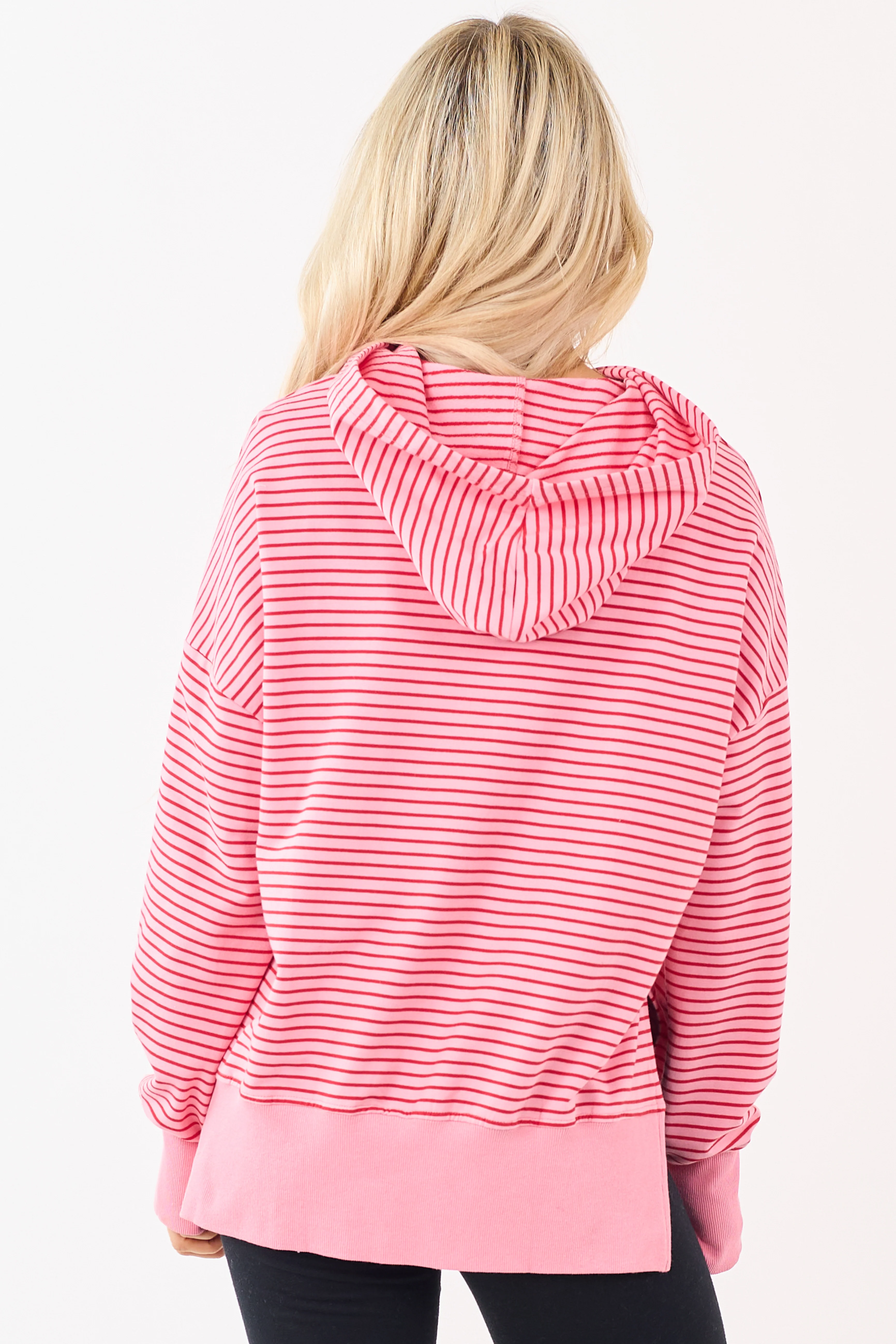 Coral Striped Ribbed Trim Side Slit Relaxed Hoodie - Image 5