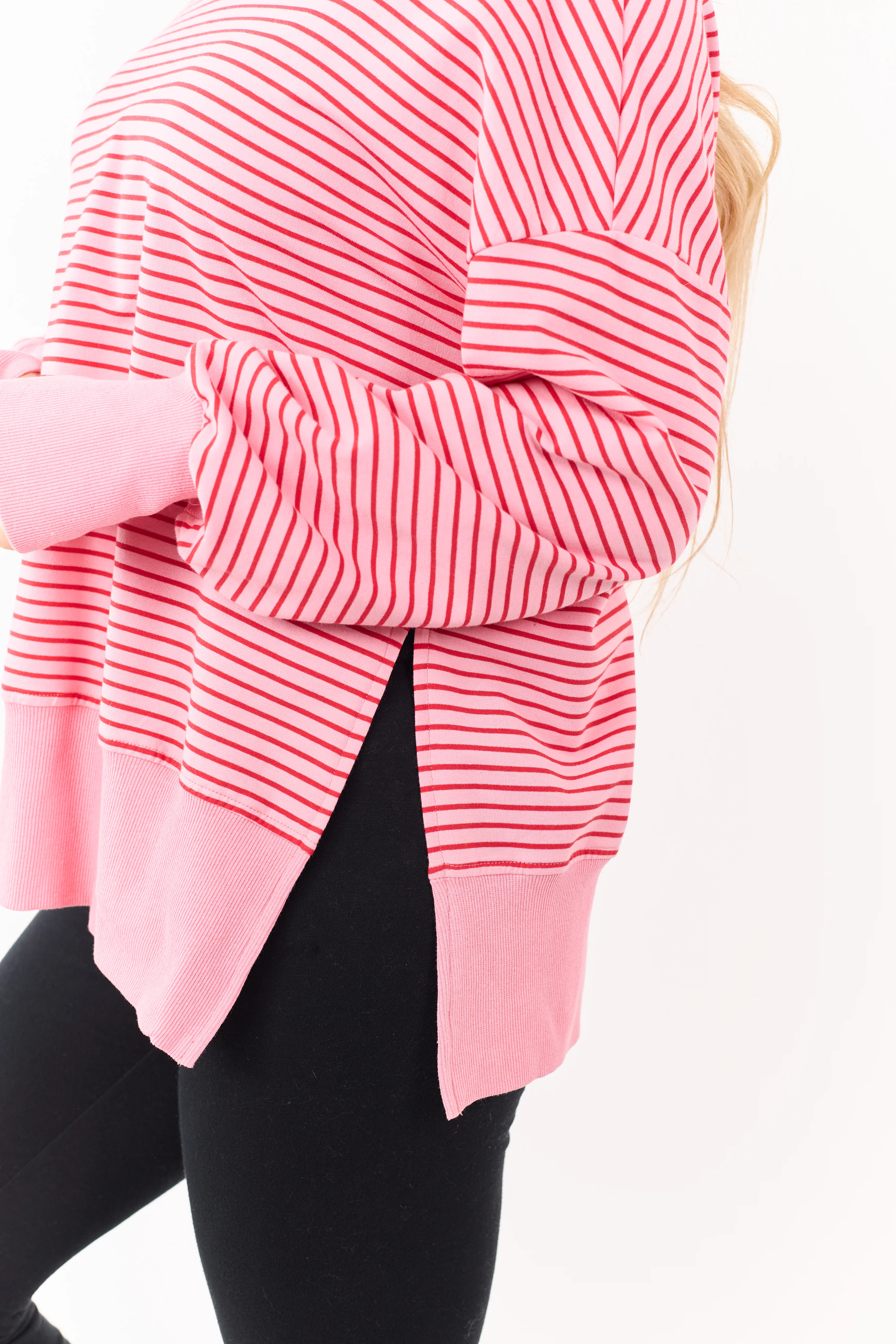 Coral Striped Ribbed Trim Side Slit Relaxed Hoodie - Image 6