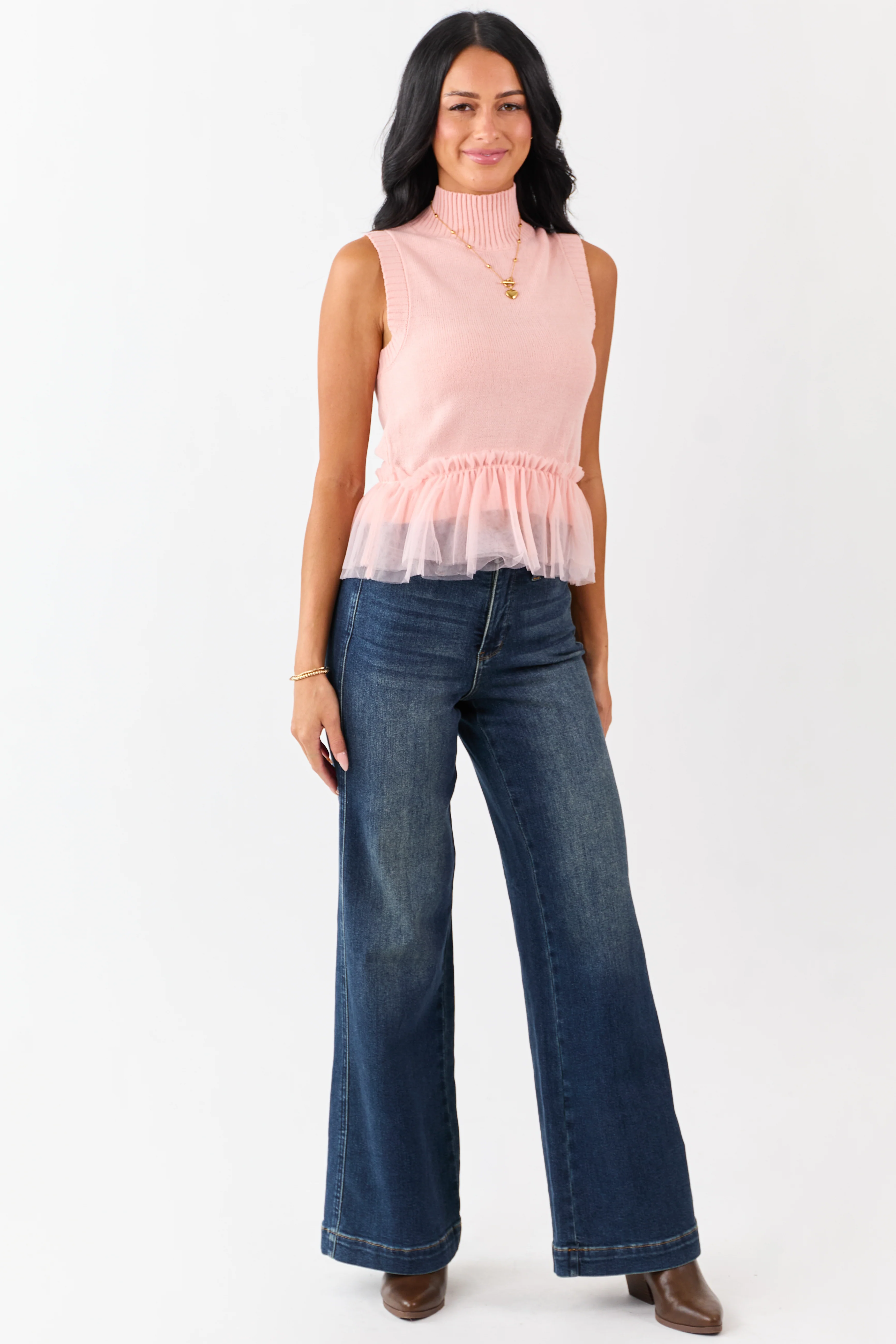 Coral Tulle Ruffle Hem Mock Neck Sweater Tank - Image 3