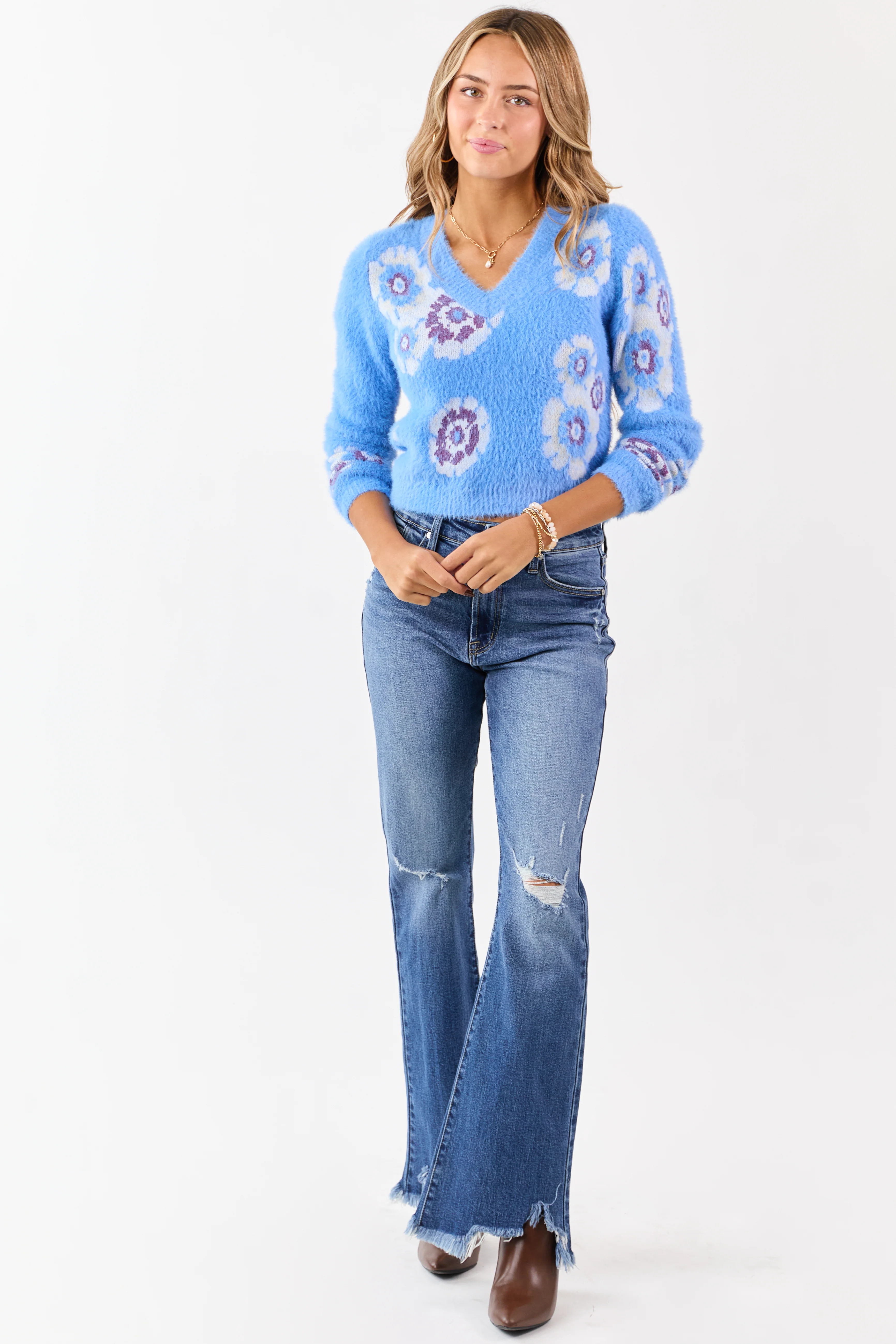 Cornflower Eyelash Knit Floral Pattern Sweater - Image 3