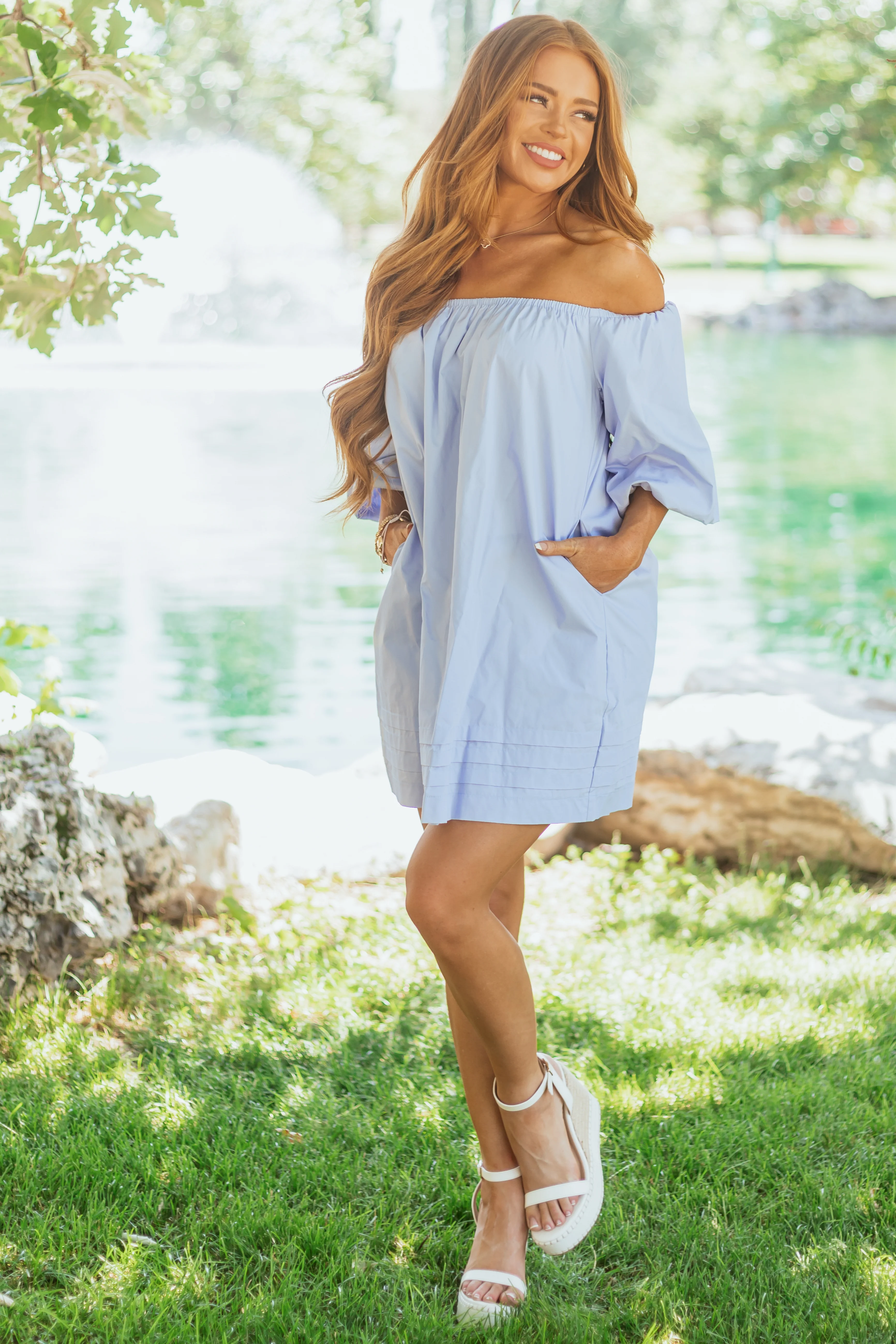 Cornflower Off the Shoulder Cotton Mini Dress - Image 2