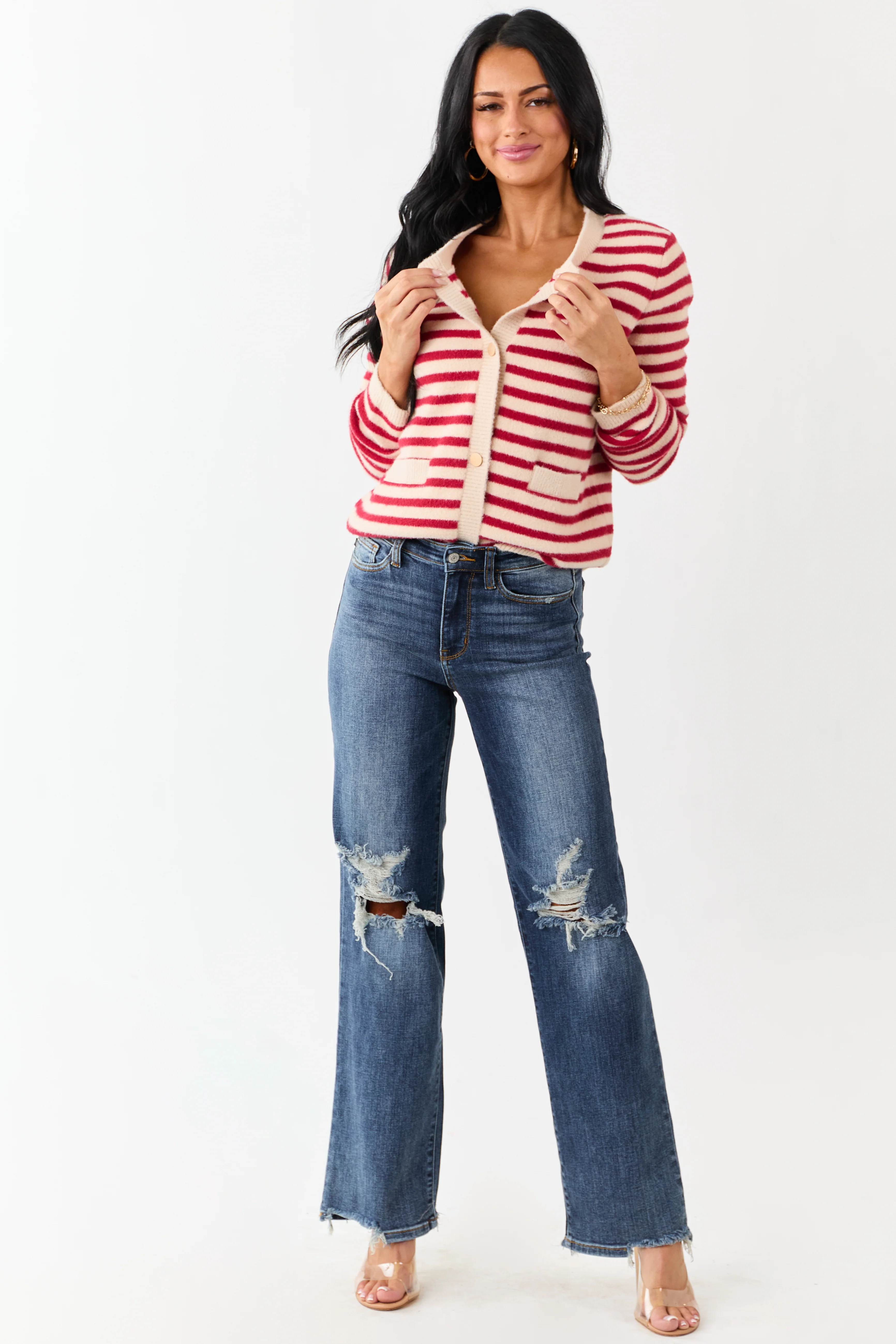 Cranberry and Champagne Striped Button Up Cardigan - Image 2