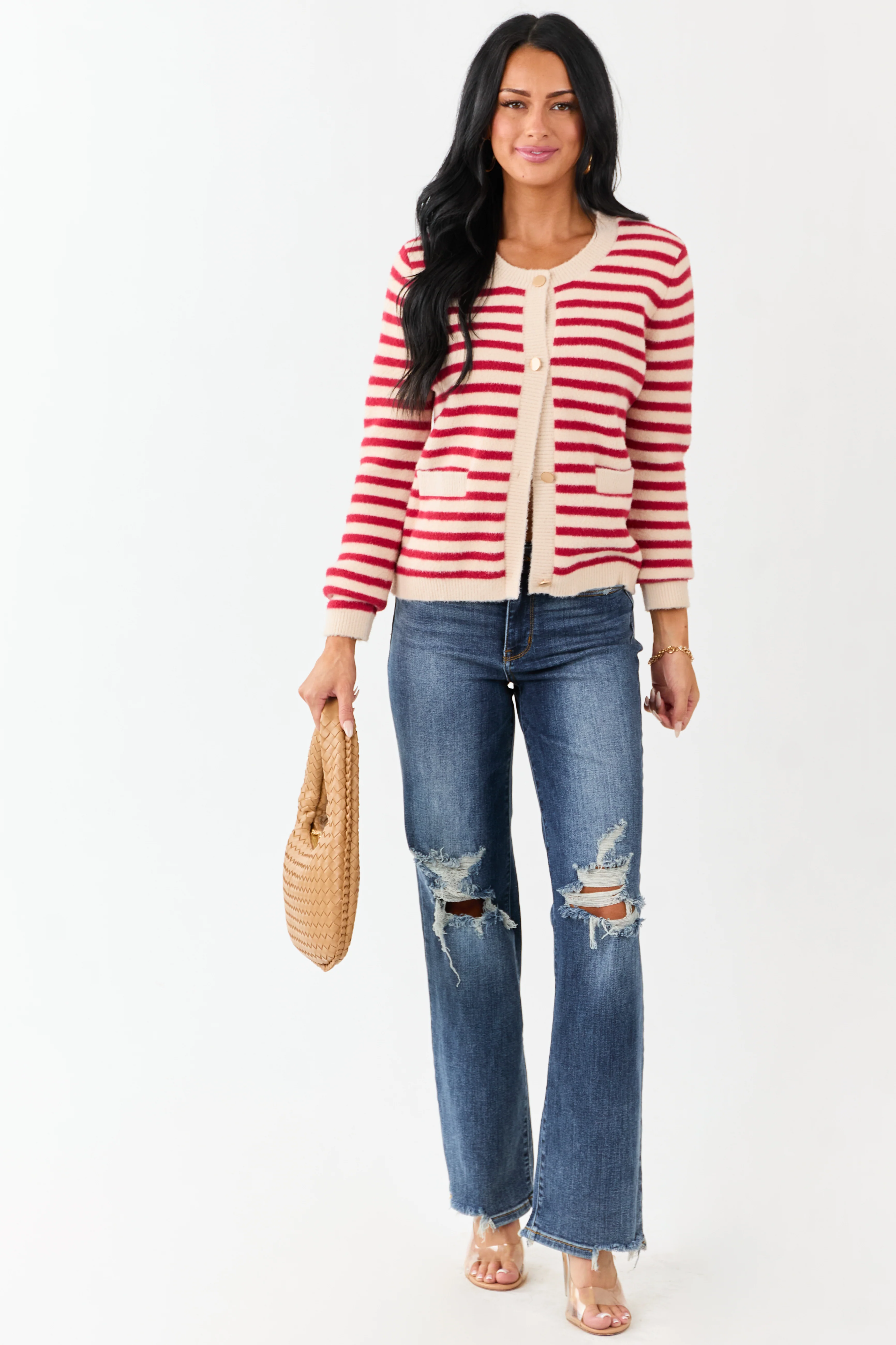 Cranberry and Champagne Striped Button Up Cardigan - Image 3
