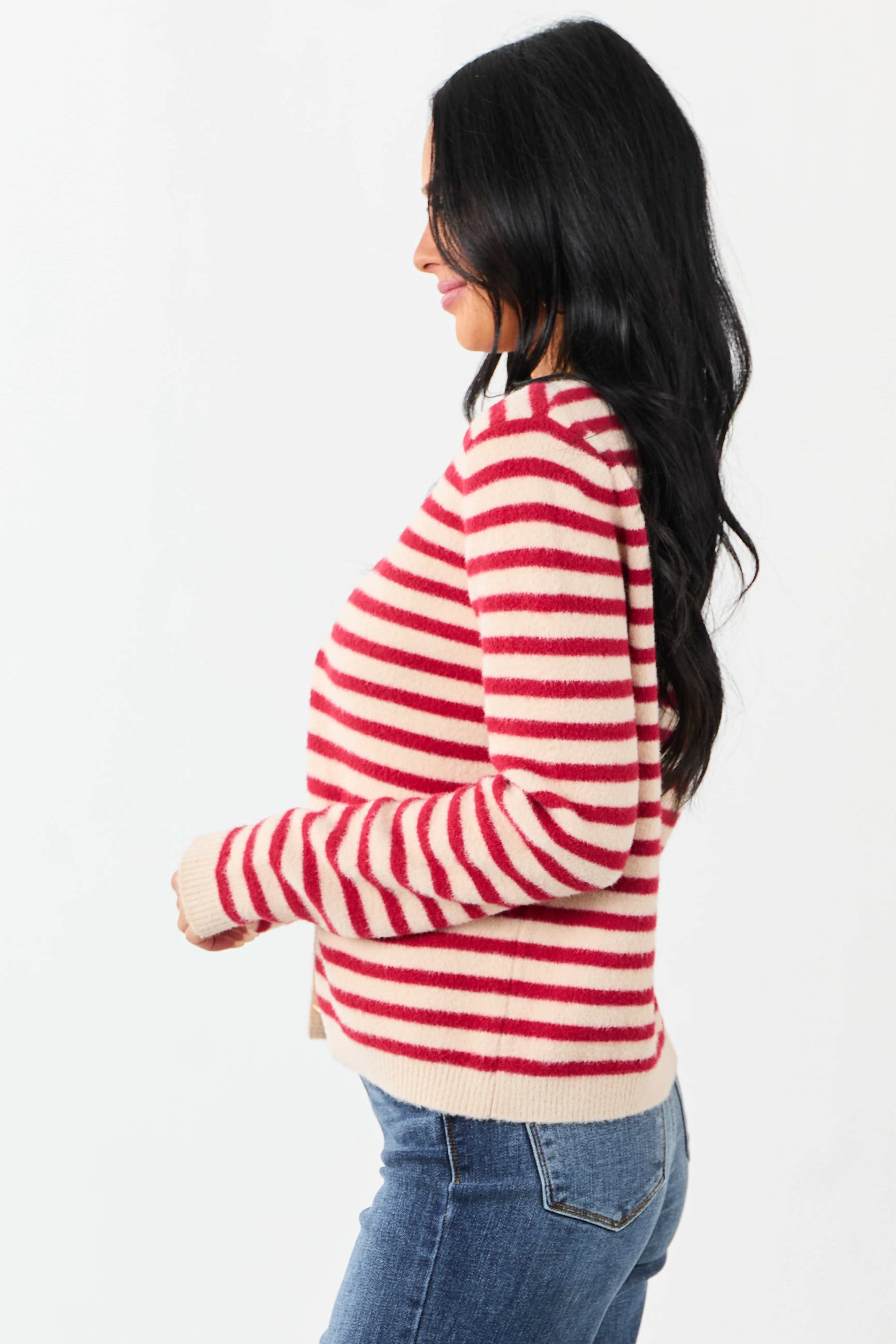 Cranberry and Champagne Striped Button Up Cardigan - Image 4