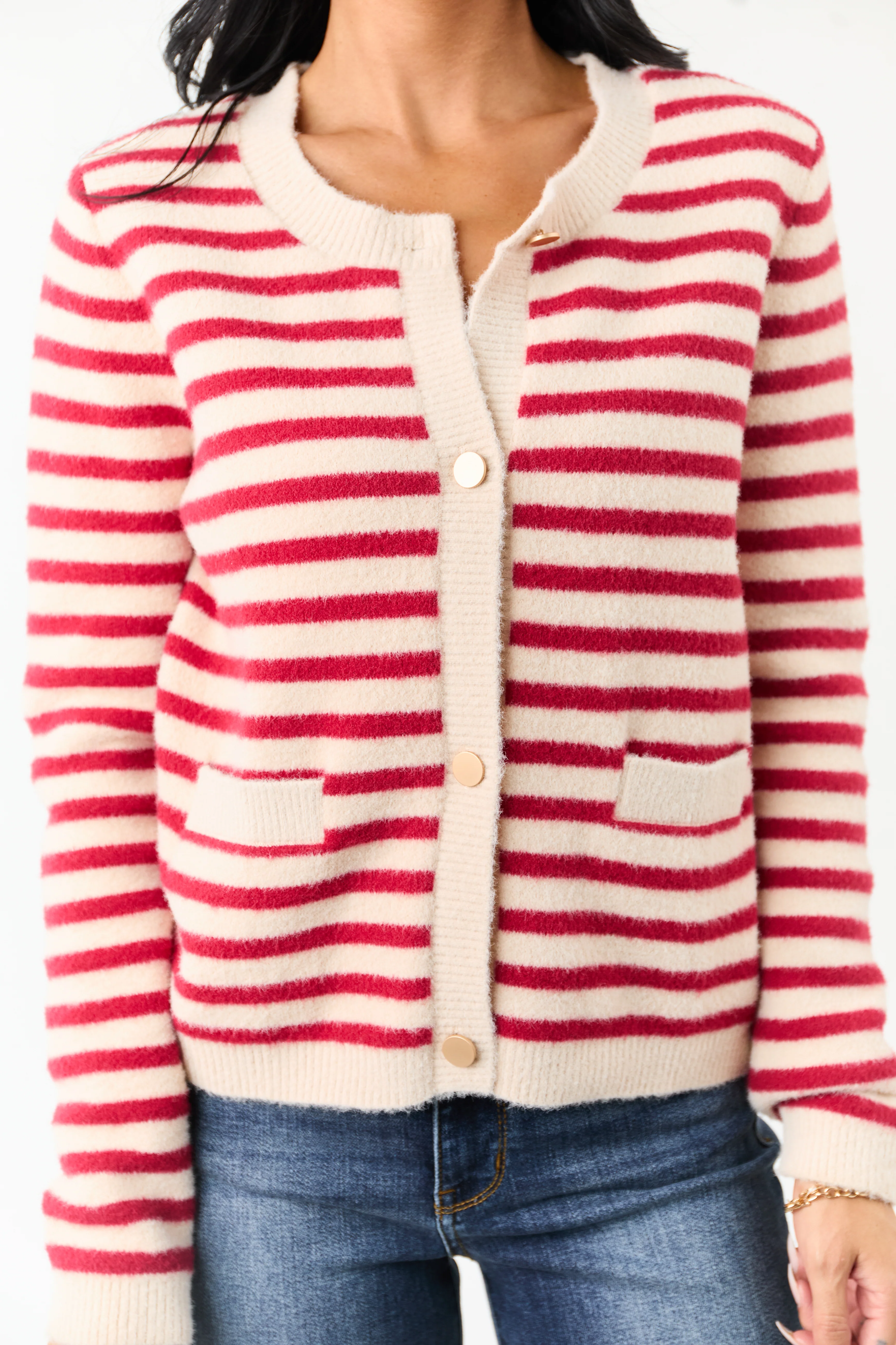Cranberry and Champagne Striped Button Up Cardigan - Image 6